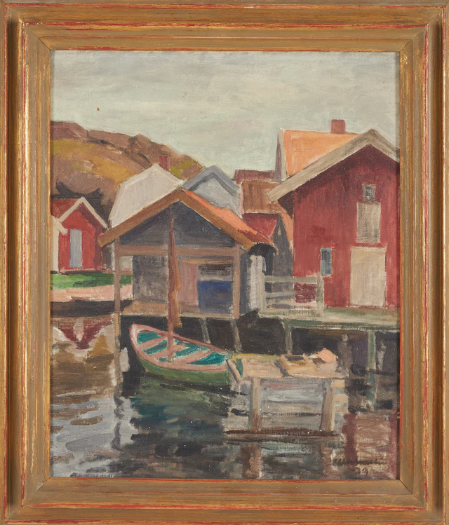 ELLIS WALLIN. "Den gröna båten", bohuslänskt hamnmotiv, olja på duk