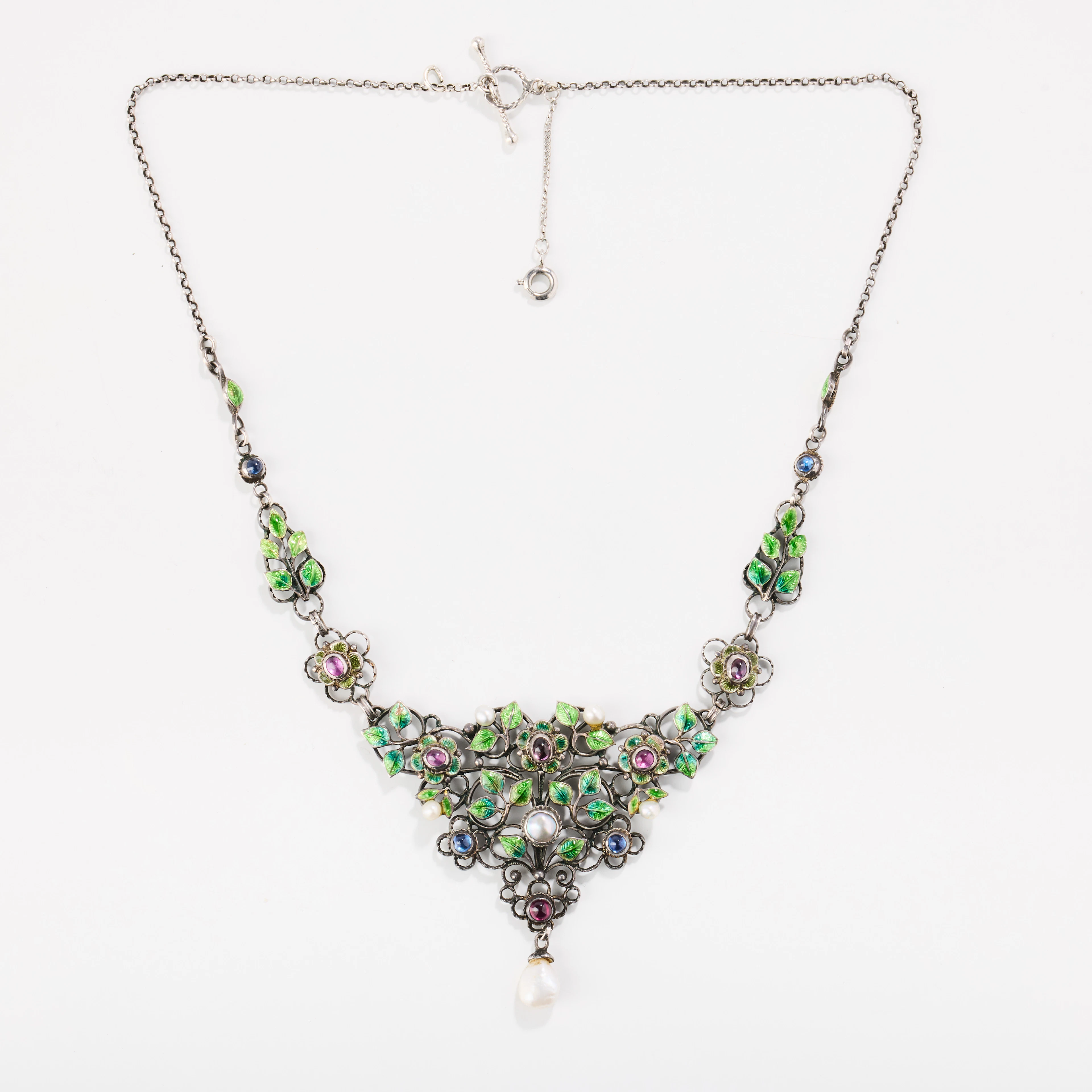 COLLIER, silver, emalj, pärlor, safirer och rubiner, Arts & Crafts