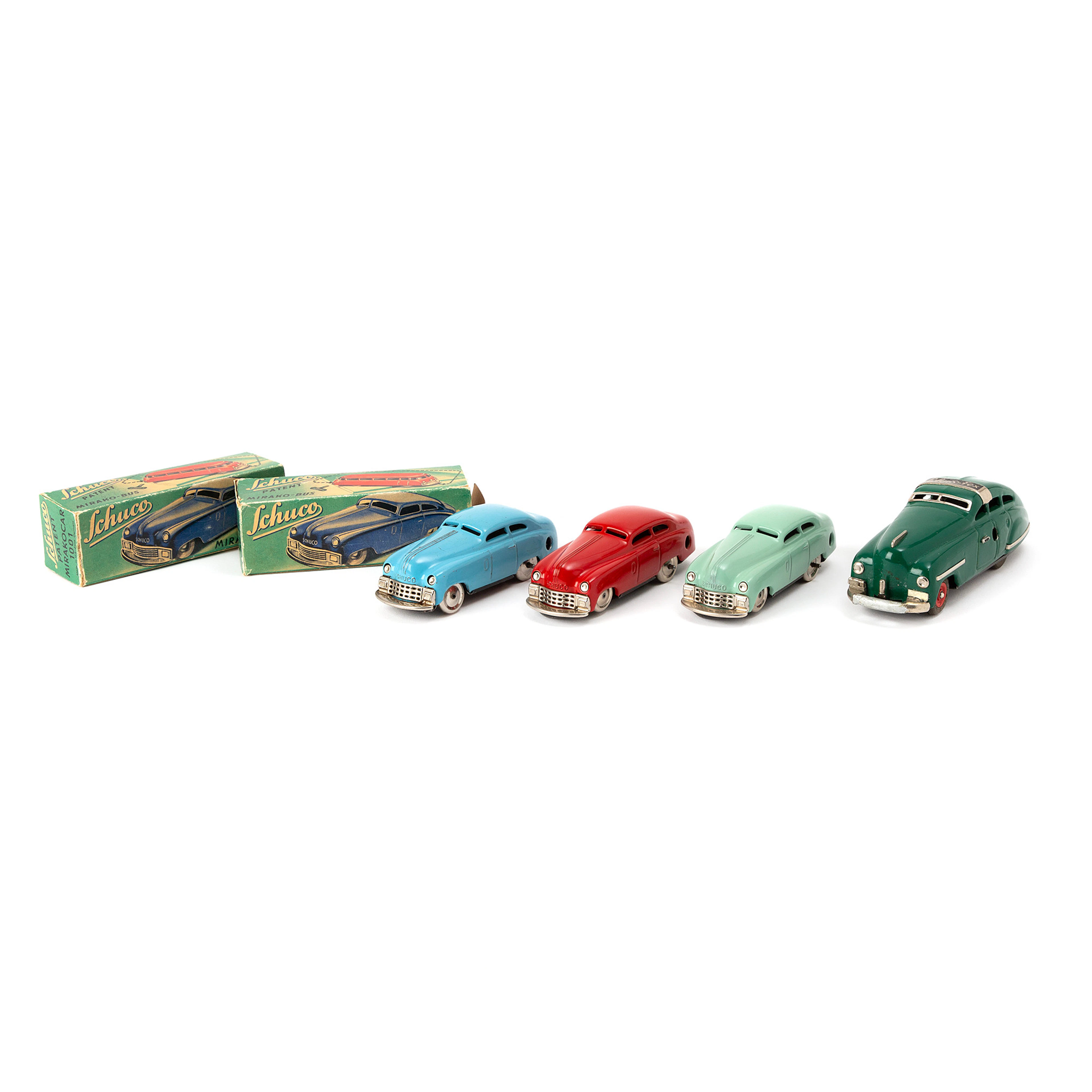 SCHUCO. "Fex 1111" och 3 st "Mirakocar 1001", leksaksbilar, plåt