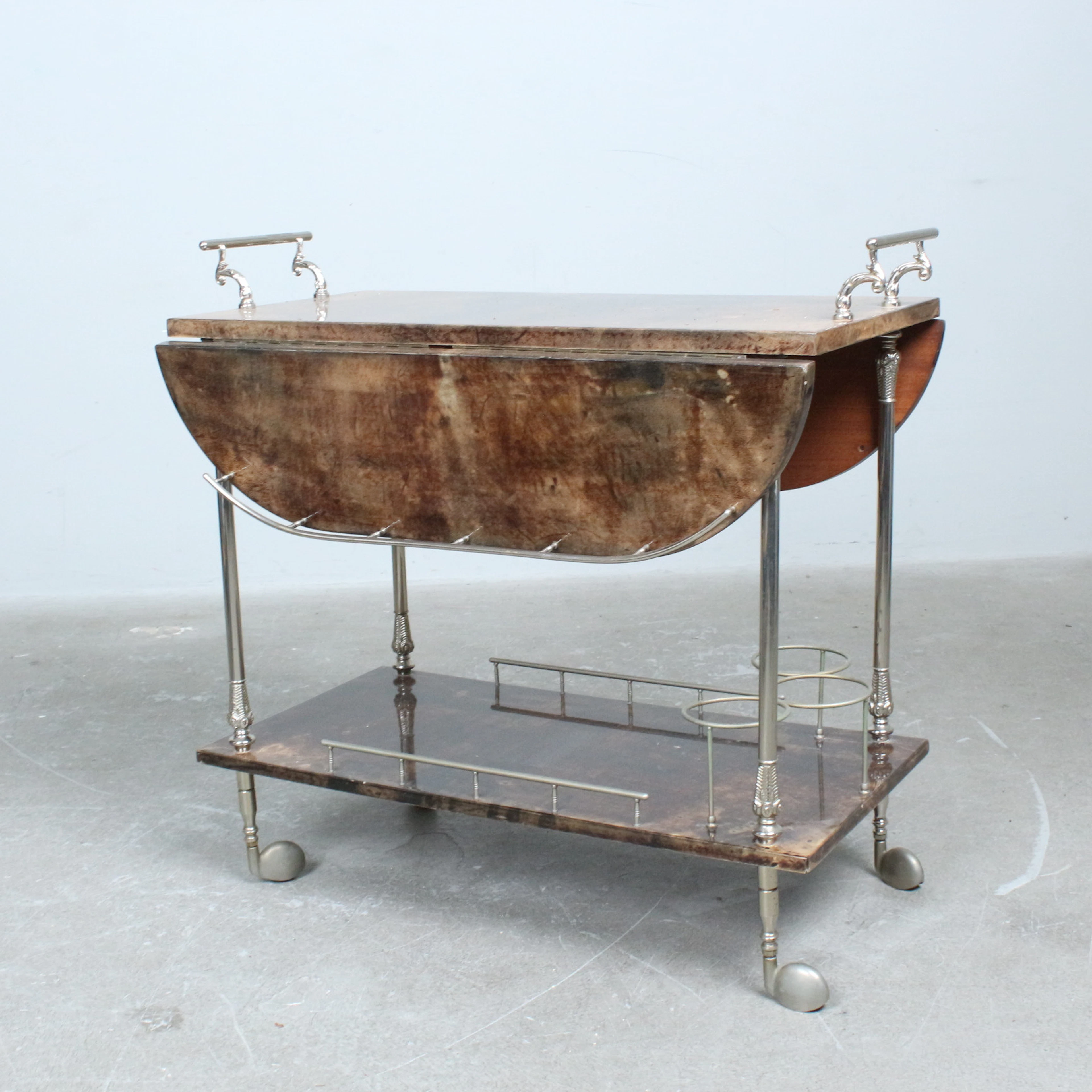 ALDO TURA. Barwagen / Servierwagen, Messing, Holz, Ziegenleder, 1970er