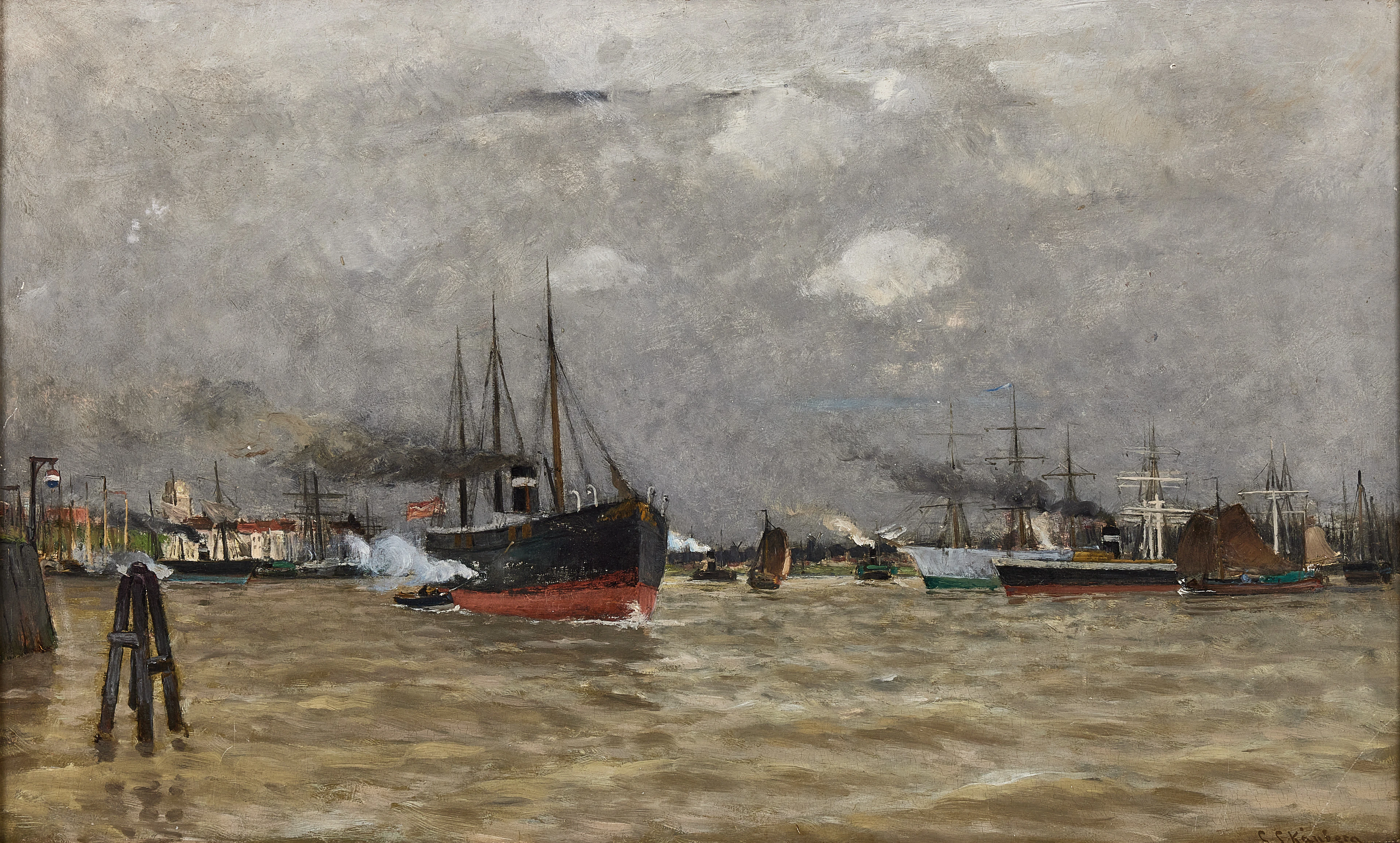 CARL SKÅNBERG. Holländsk hamn, olja på pannå, signerad.