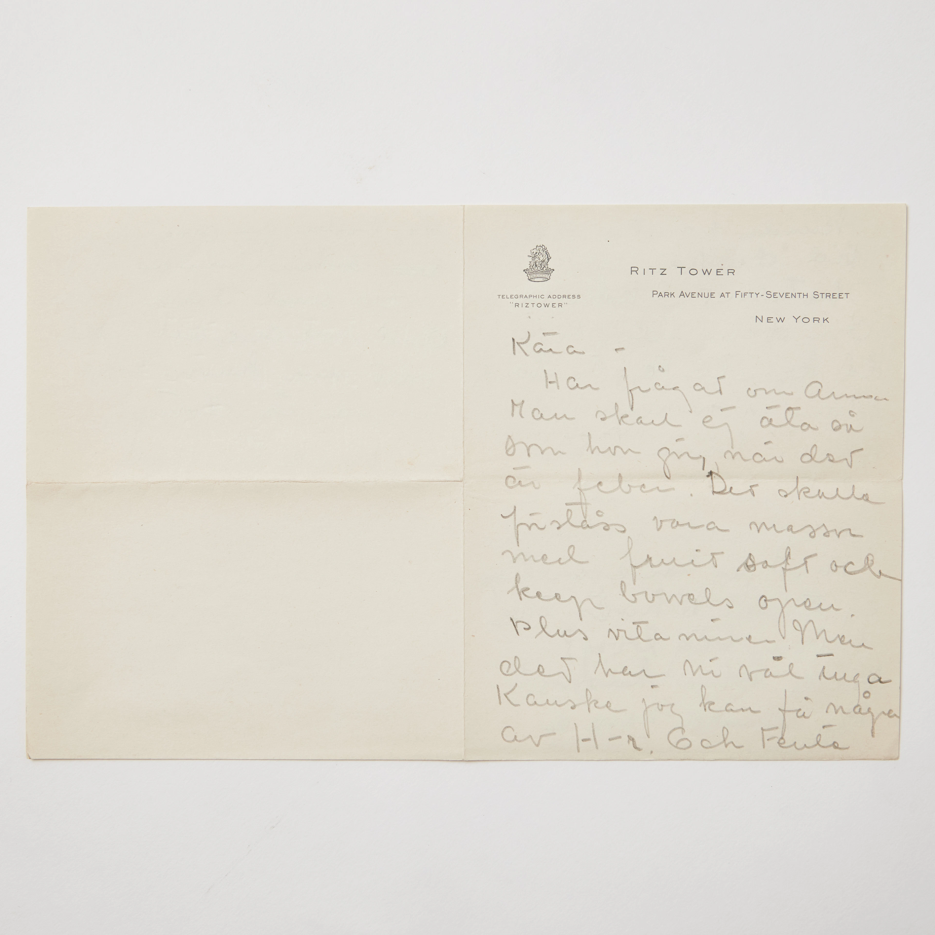 GRETA GARBO, HANDWRITTEN LETTER IN SWEDISH TO HER BROTHER SVEN, probably 1950s.