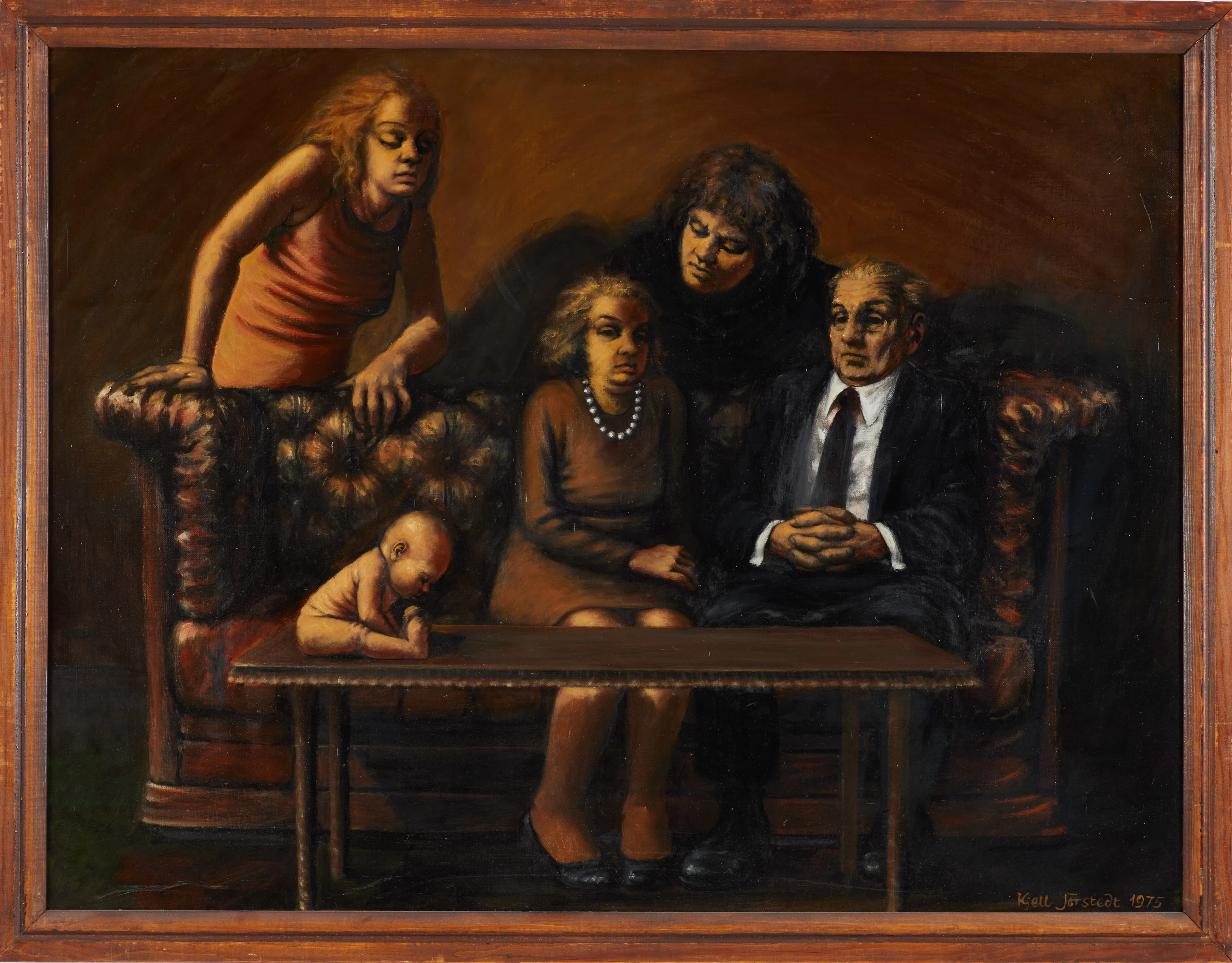 KJELL JÖRSTEDT. "Familjeliv", olja på duk, signerad och daterad 1975.
