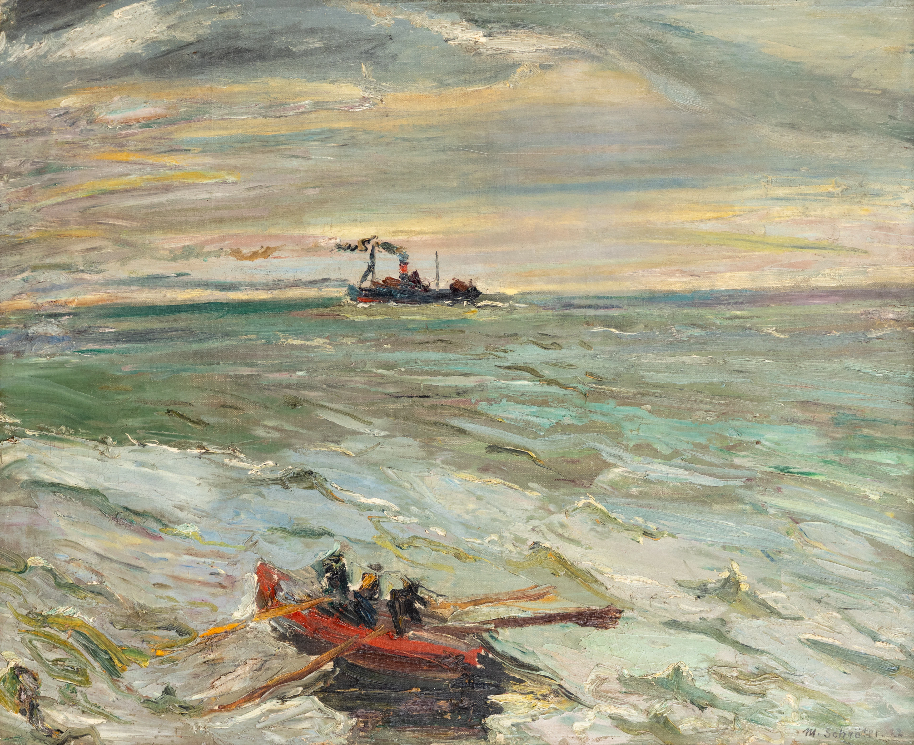 MAX SCHRÖTER (1892-1930). Schlepper und Ruderboot auf bewegtem Wasser.