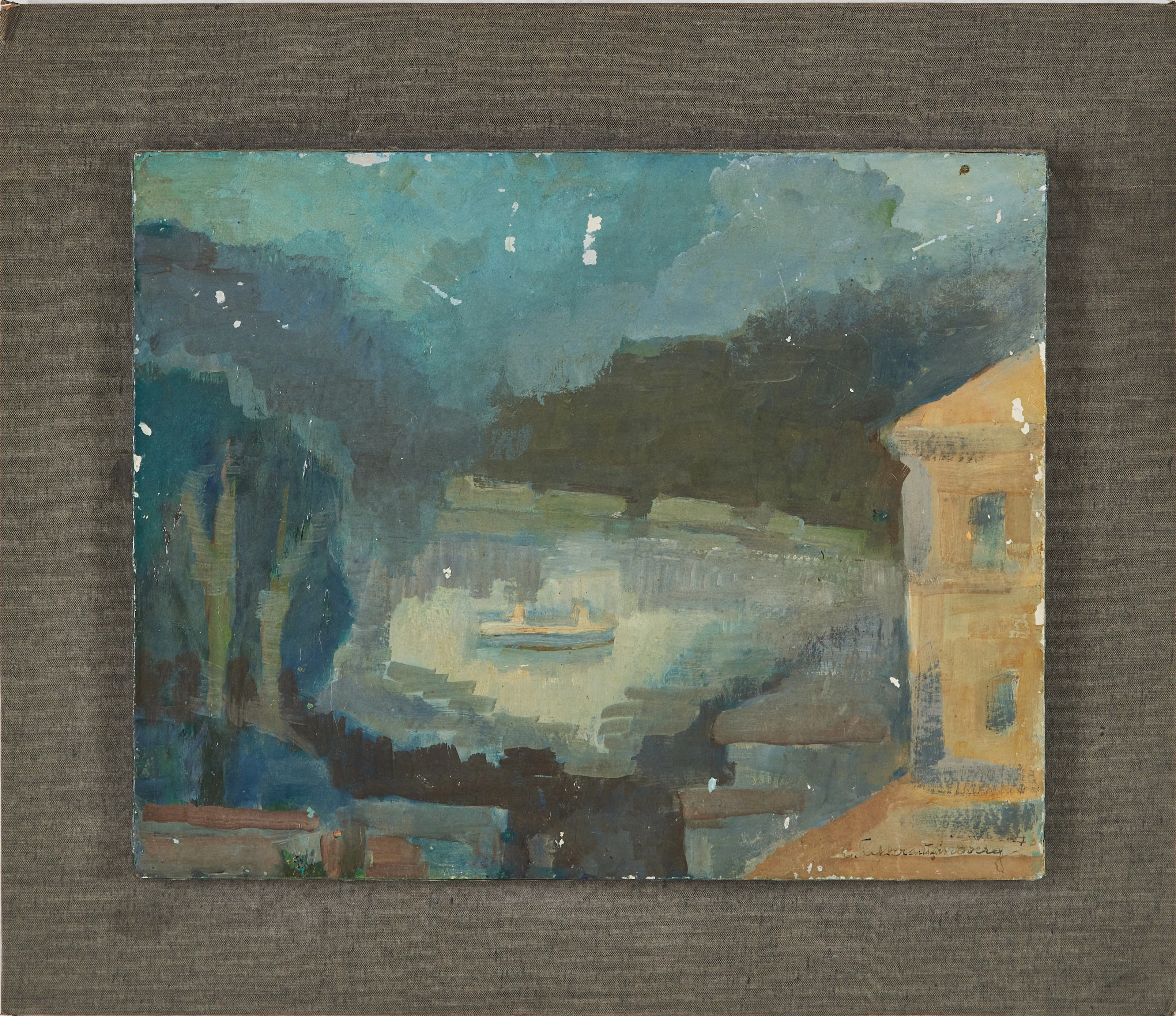 GRETA FAHLCRANTZ LINDBERG (1889 - 1978). Månbelyst vatten med båt.