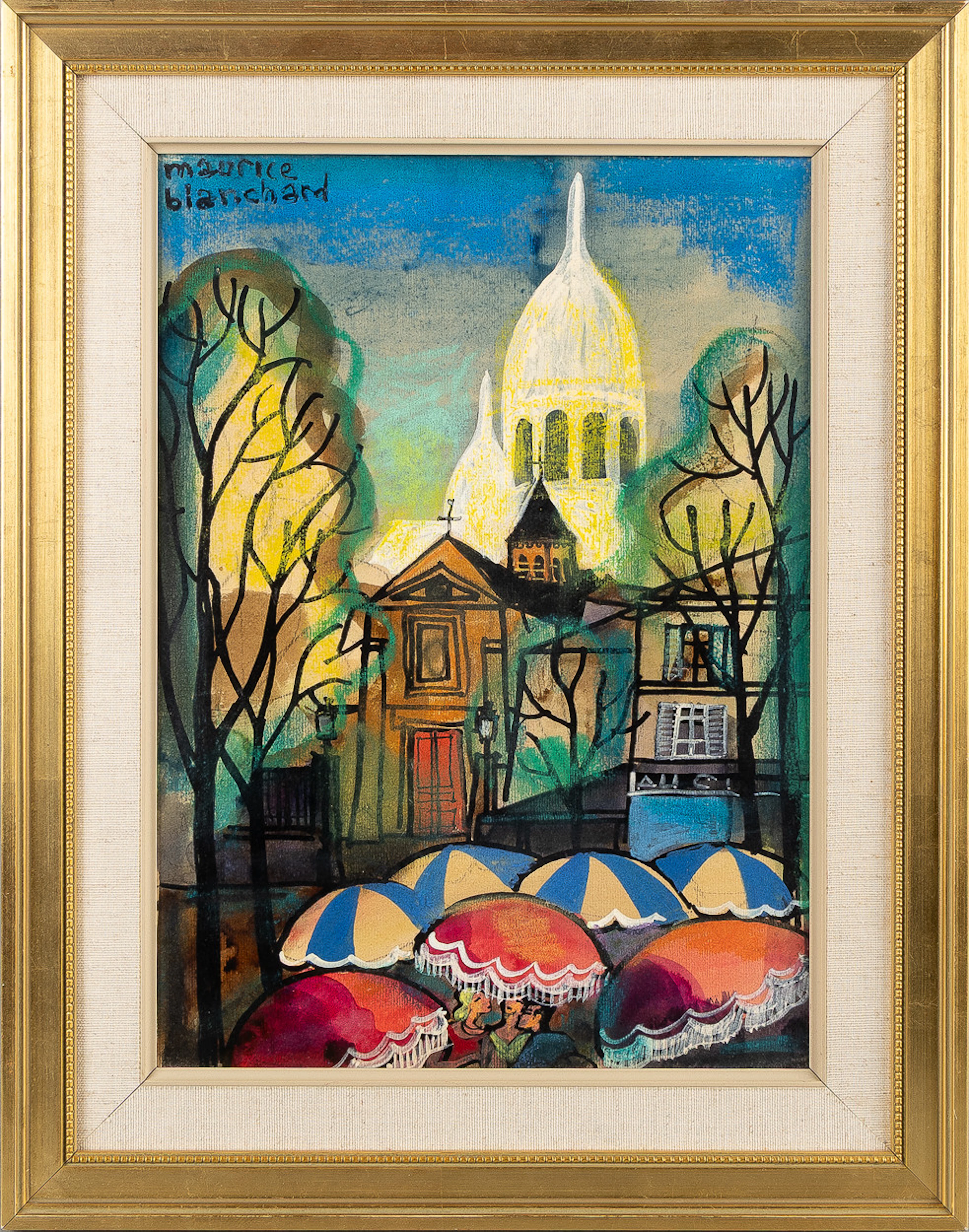 MAURICE BLANCHARD. Vy över Place du Tertre i Paris, blandteknik, signerad.