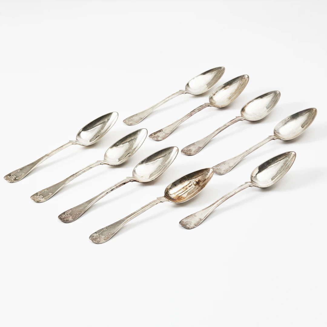 GUSTAF LUNDIN. Matskedar, 9 st, silver, modell gammal fransk, Hudiksvall 1905.