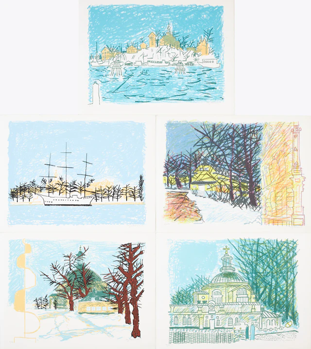 STIG (SLAS) CLAESSON. 5 st, färglitografier, motiv från Skeppsholmen, mapp.
