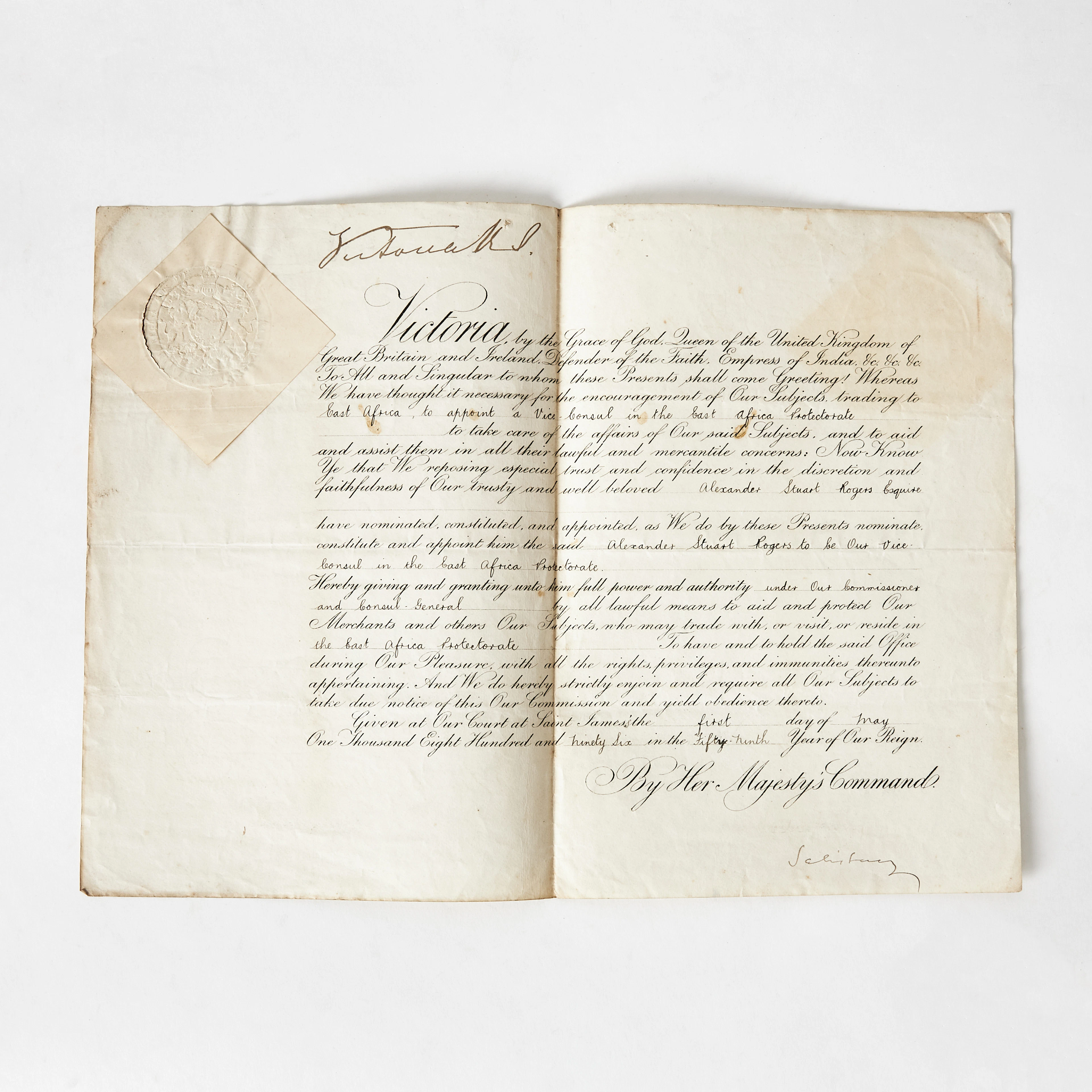QUEEN VICTORIA, DOCUMENT SIGNED, 1896, Appointment for Vice-Consul