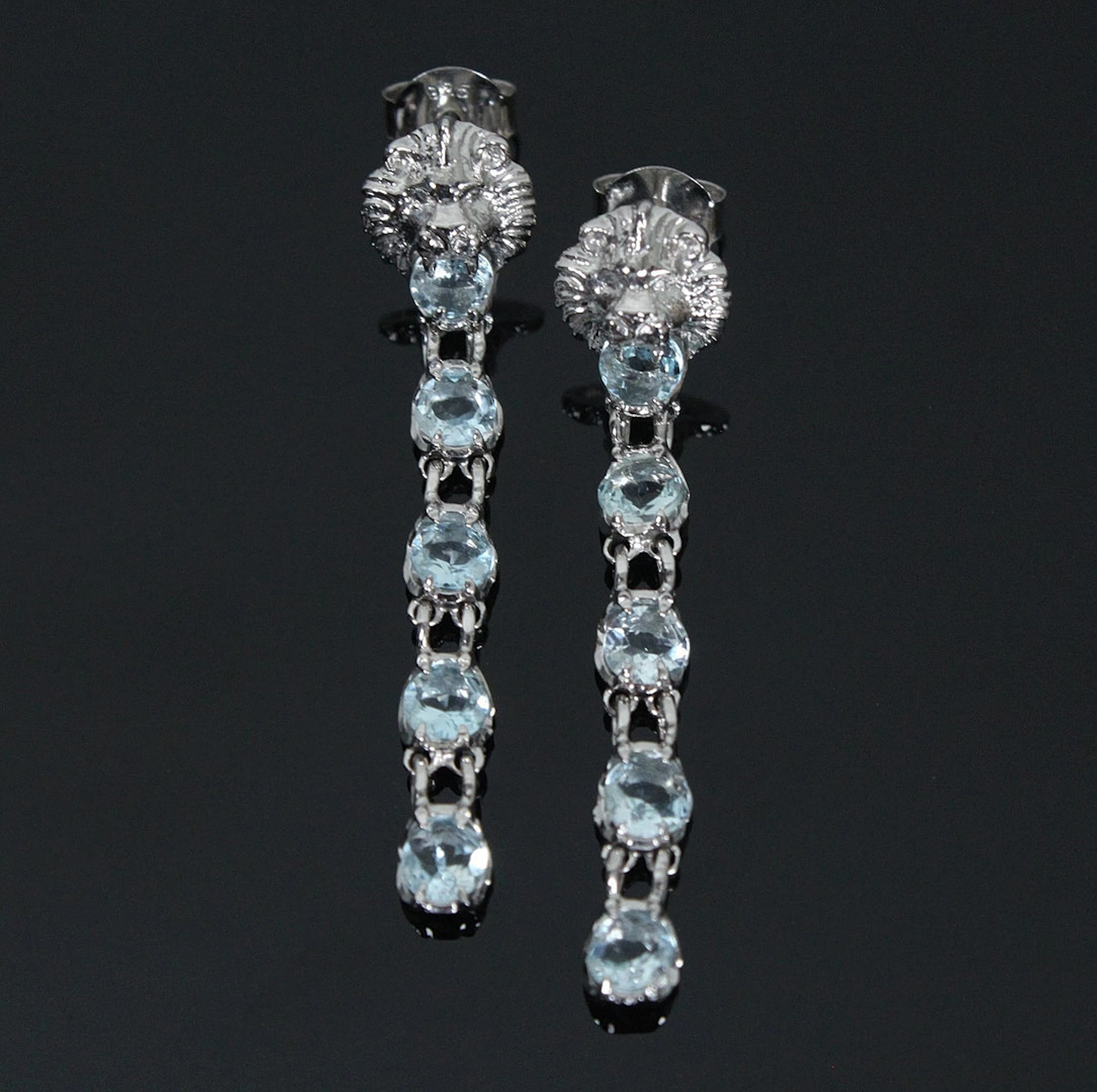 Löwenkopf-Ohrhänger mit Aquamarin, 925er Silber.