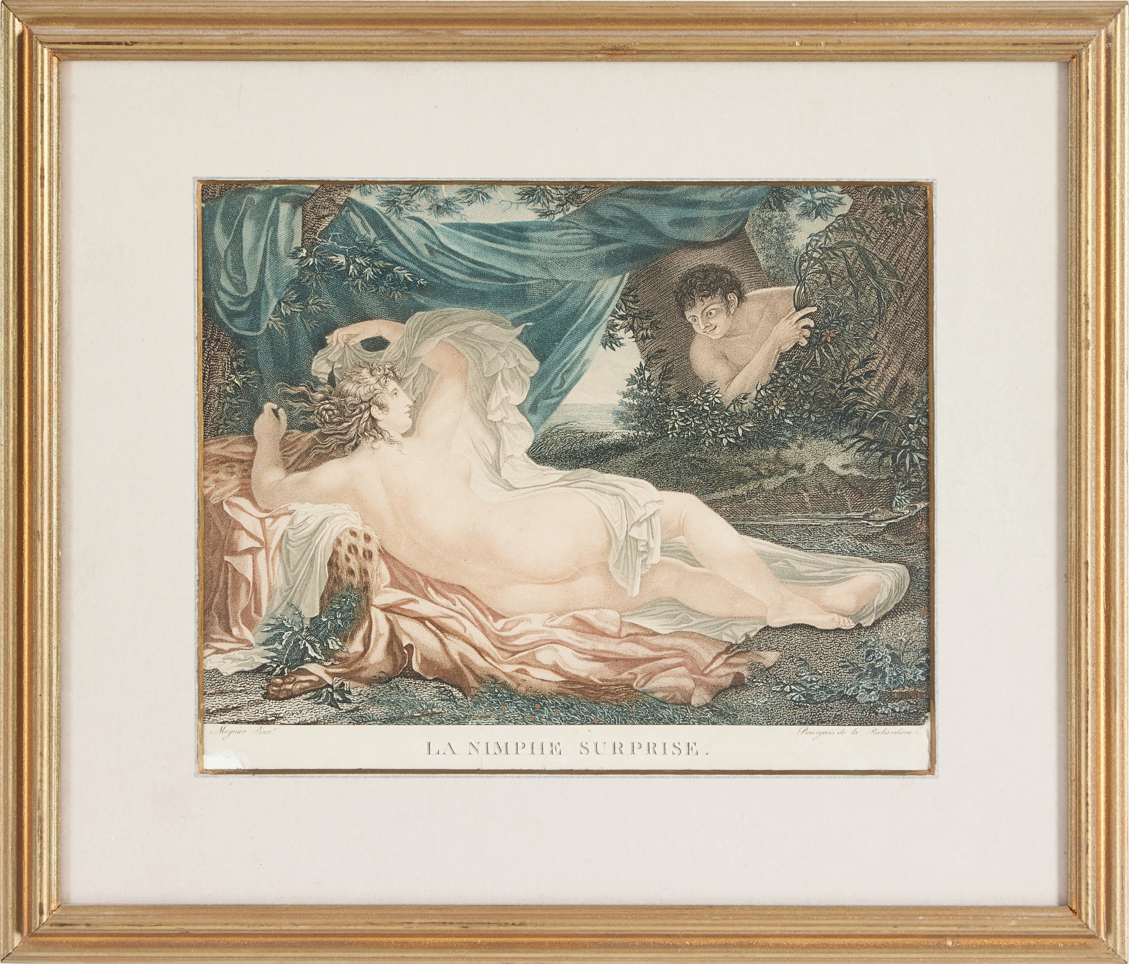 CHARLES MEYNIER, efter, "La nimphe surprise" färggravyr, 1800-talets