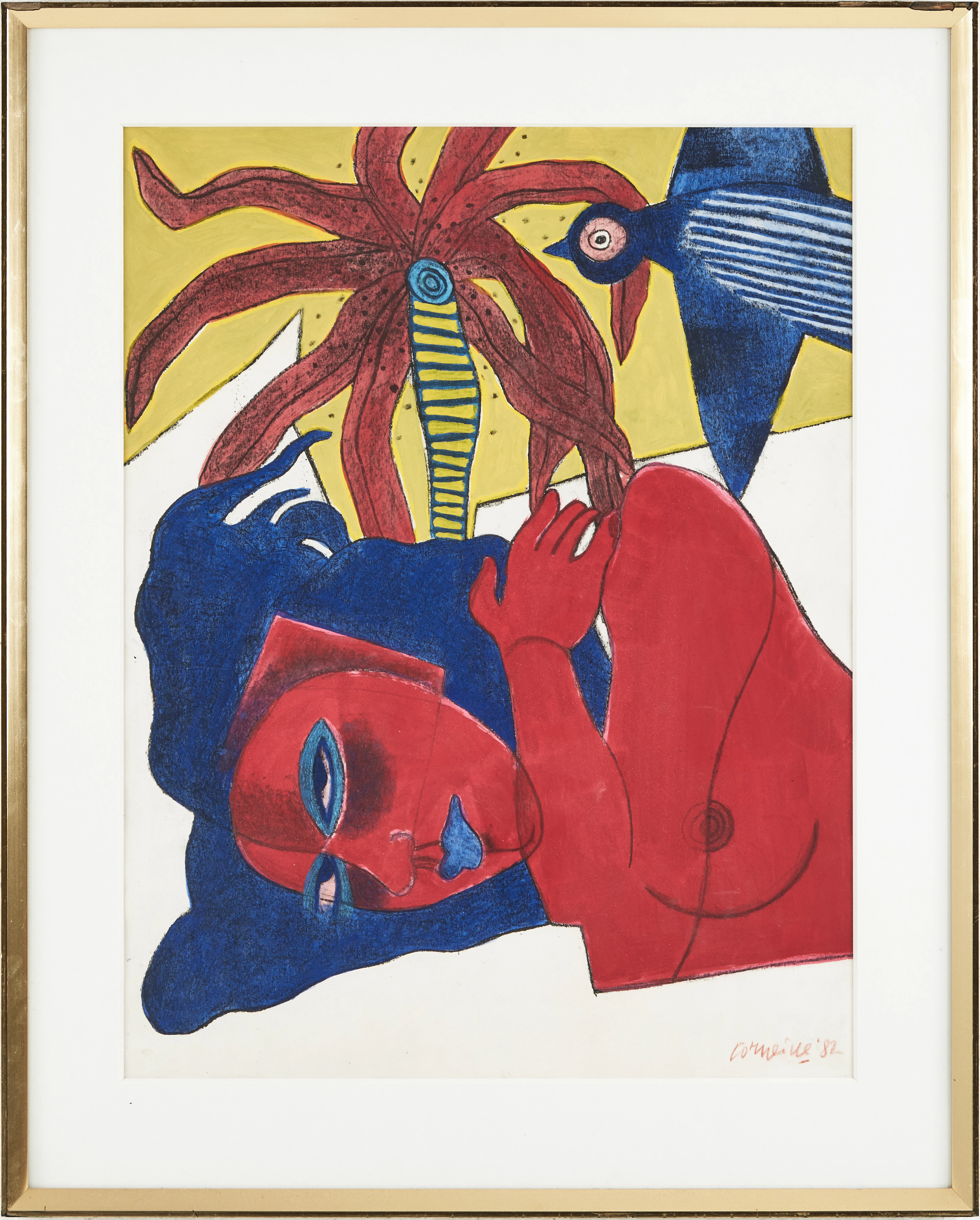 BEVERLOO CORNEILLE. "Femme Rouge et Oiseau".