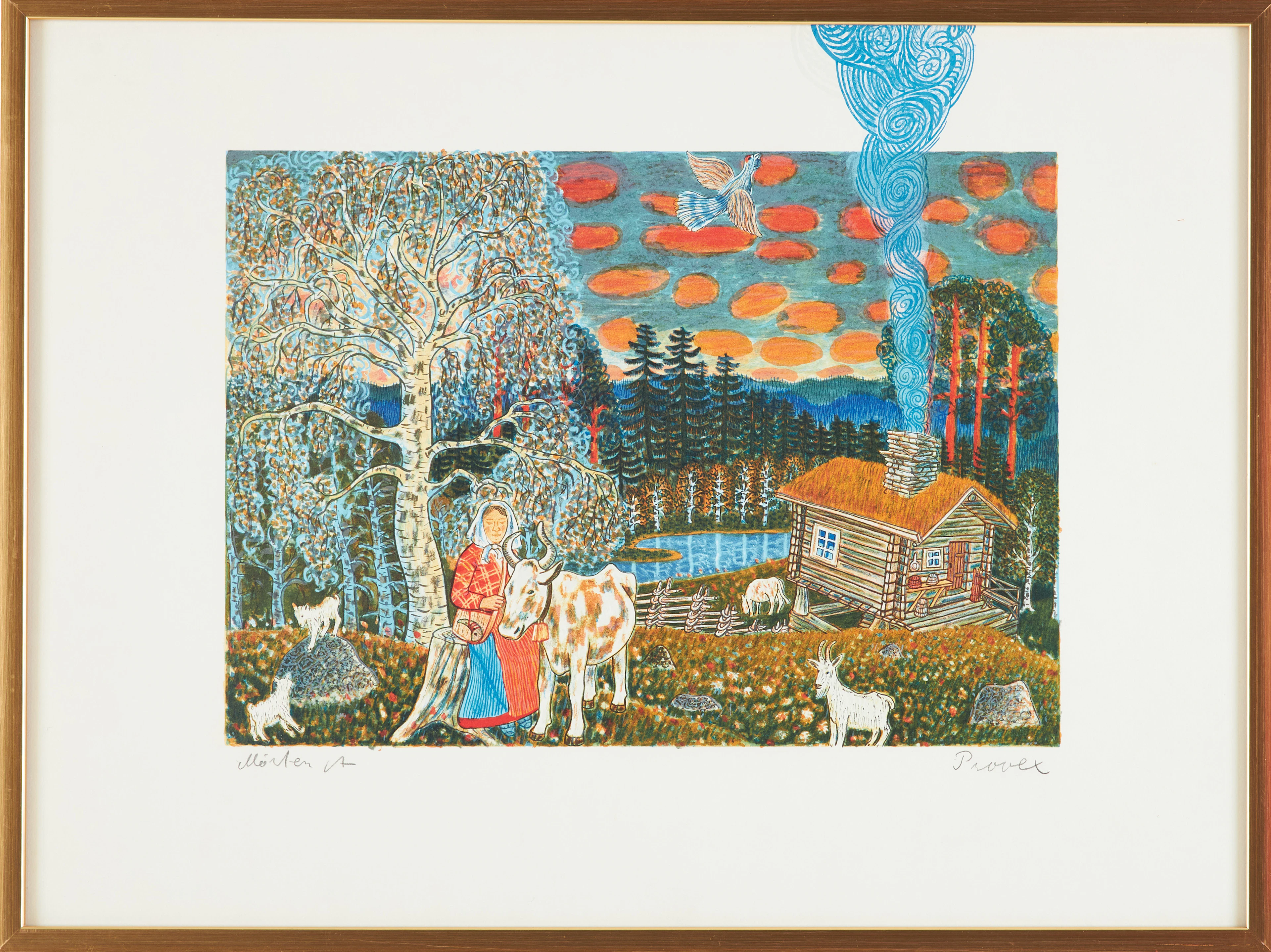 MÅRTEN ANDERSSON. Motiv av fäbod, färglitografi, provex, signerad.