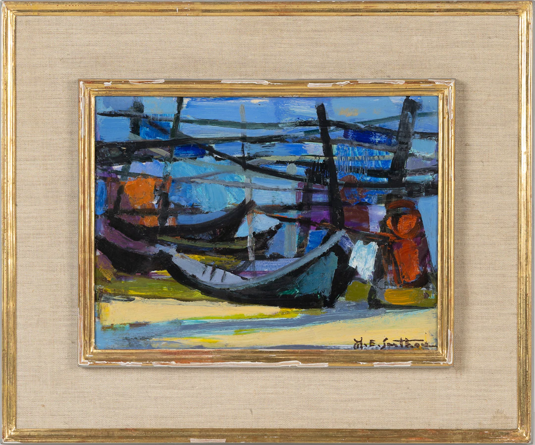 MAURICE-ELIE SARTHOU (1911–1999). Olja på pannå, "Barques et filets"
