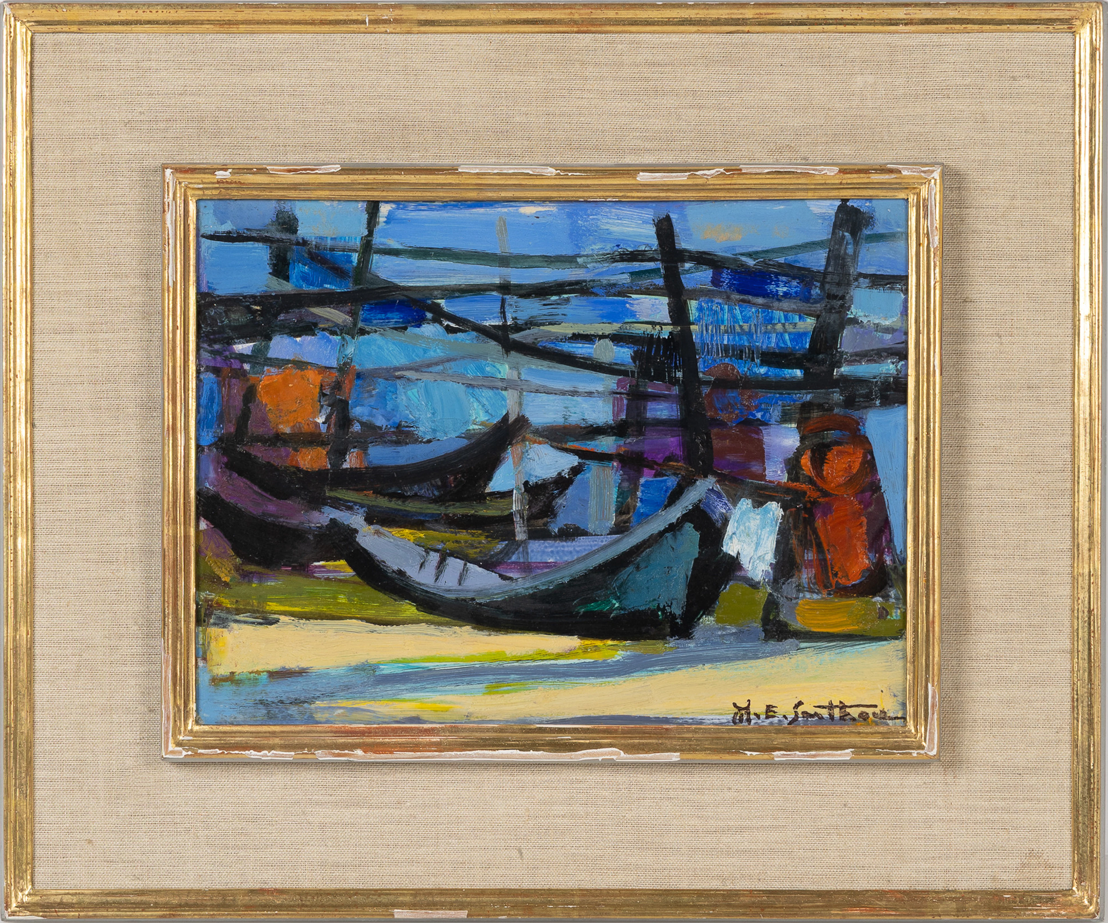 MAURICE-ELIE SARTHOU (1911–1999). Olja på pannå, "Barques et filets"