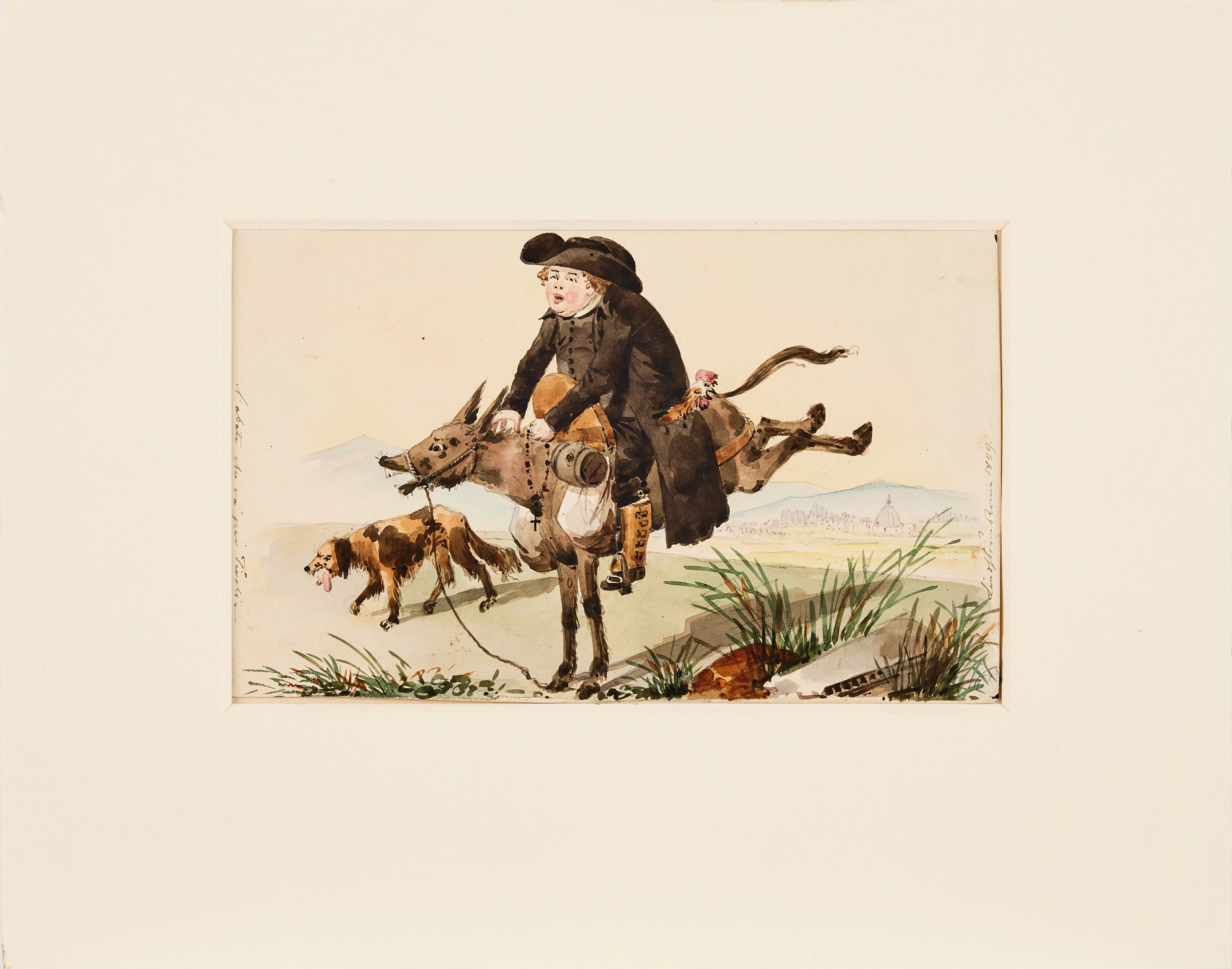 CARL JACOB LINDSTRÖM (1801-1841). En Abbot med en tupp i fickan ridande