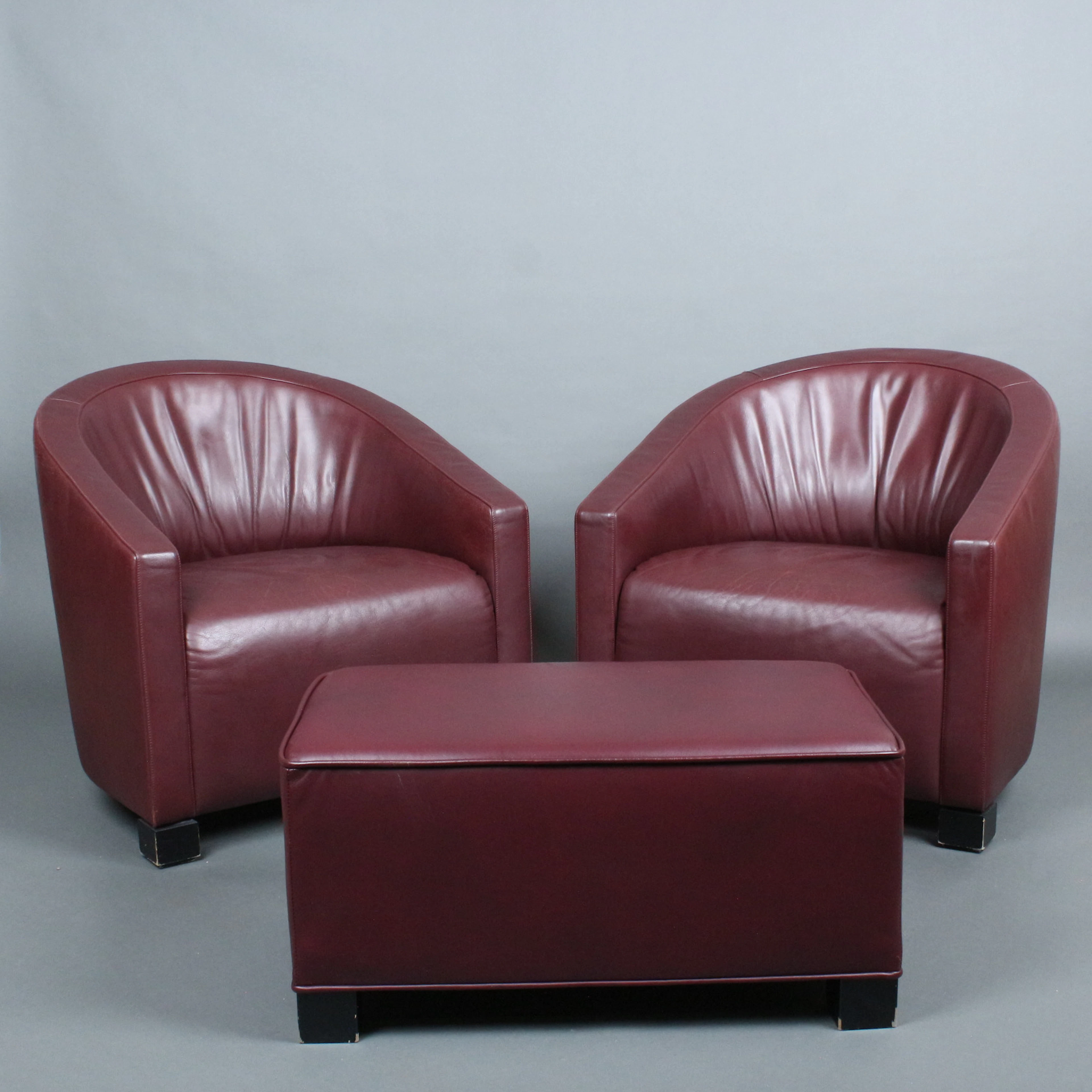 DE SEDE. Paar Clubsessel/Lounge Sessel mit Ottomane, Leder.