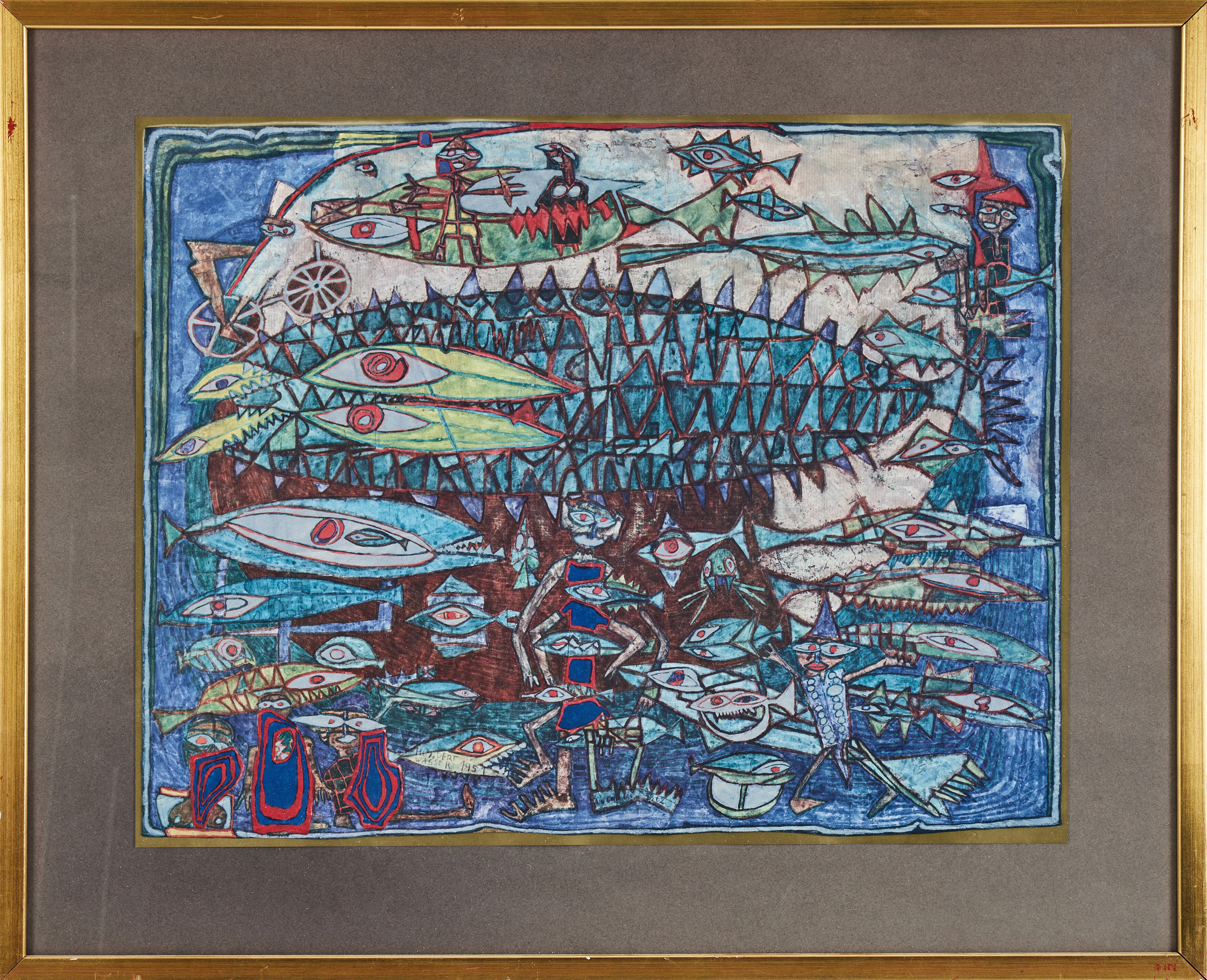 FRIEDENSREICH HUNDERTWASSER. "Fressende fische und radfahrer", seriegrafi.