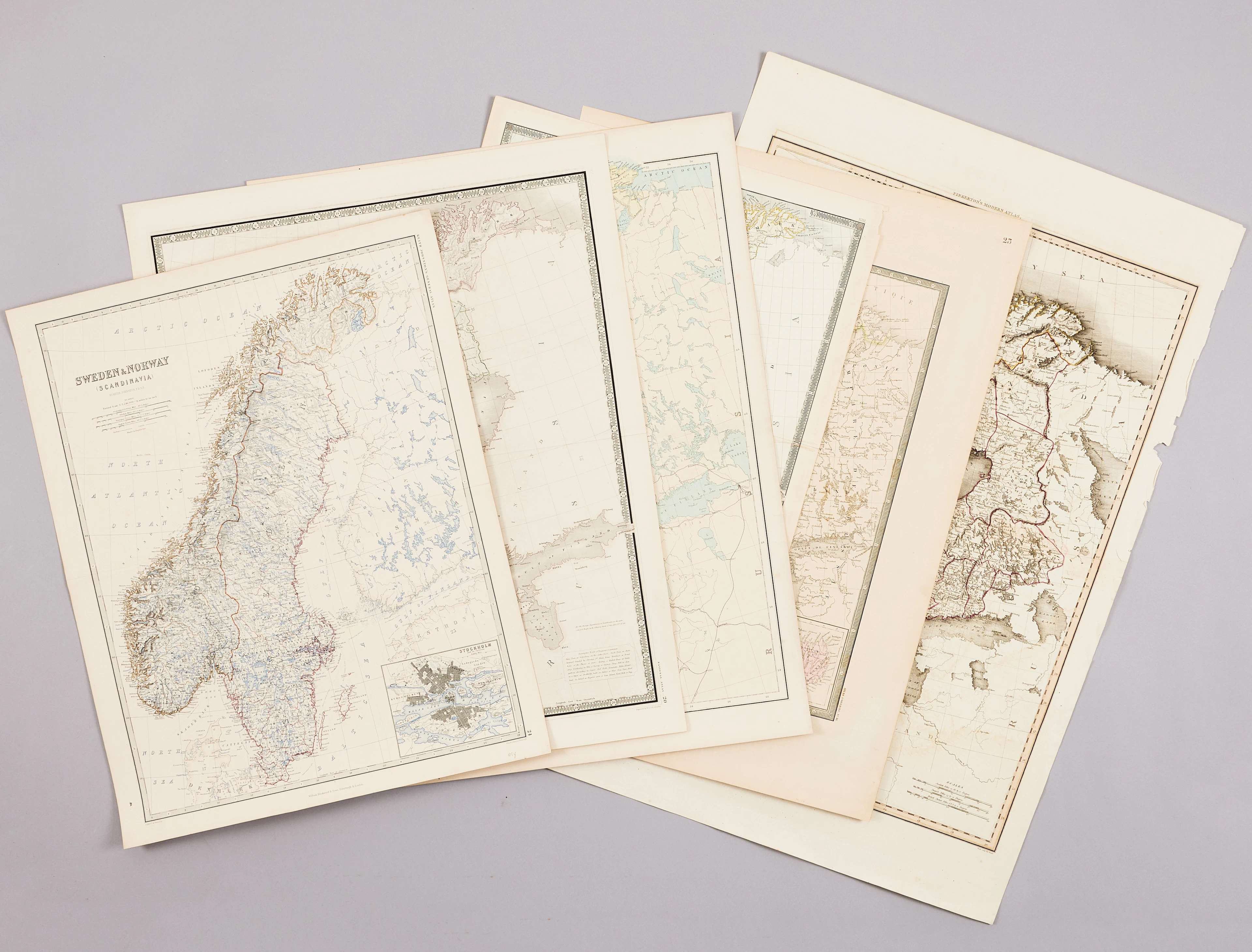 6 KARTOR ÖVER SKANDINAVIEN, 1800-TAL, bl.a. Johnston, Neele m.fl.