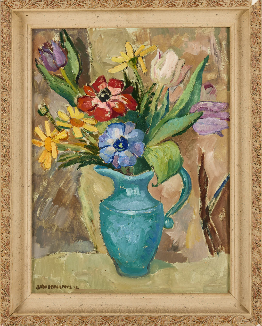 BRITA NORDENCREUTZ. Blomsterstilleben, olja på pannå, signerad.
