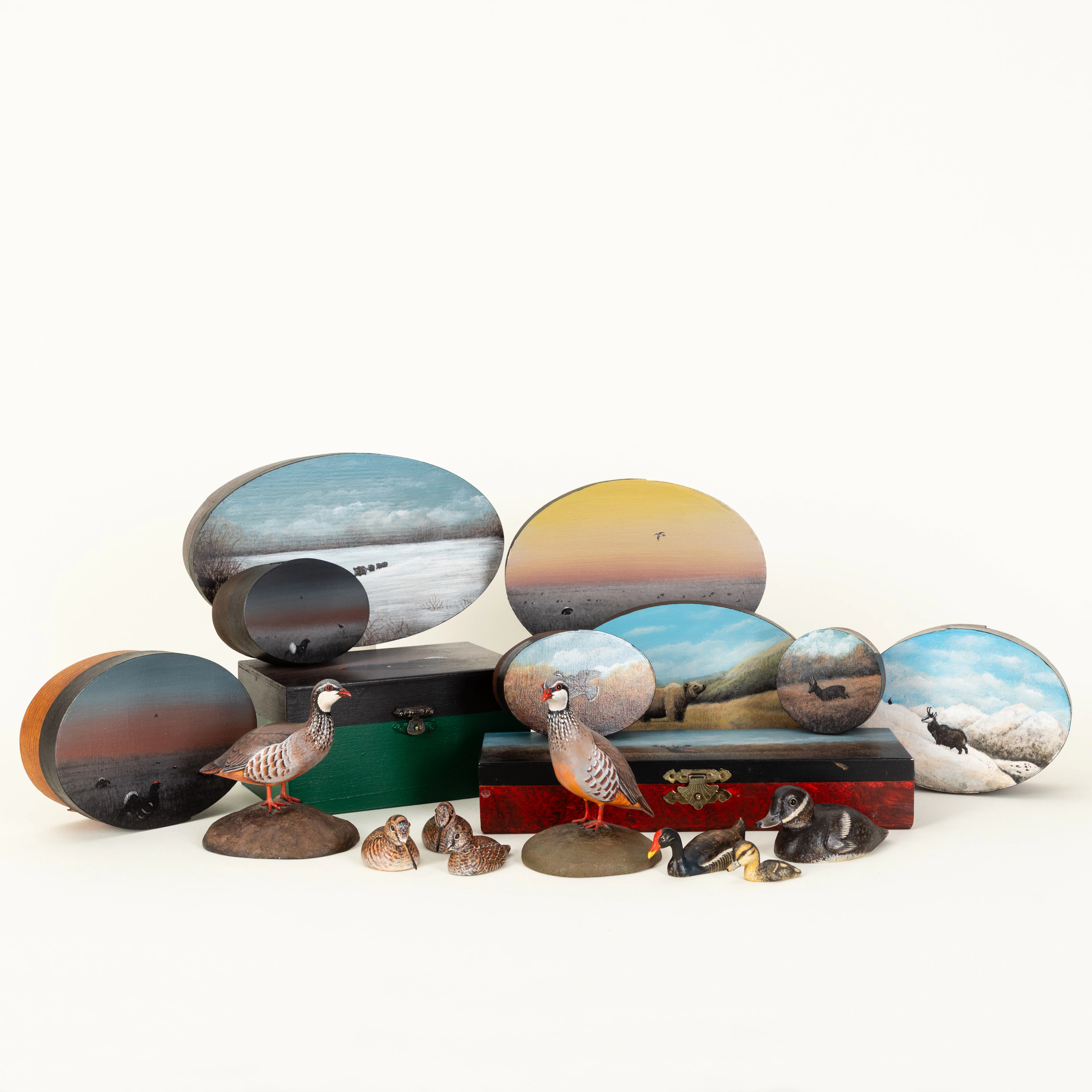 PETER LAMBERT (1961). Sammlung Deckeldosen mit Wildtieren und Miniaturvögel