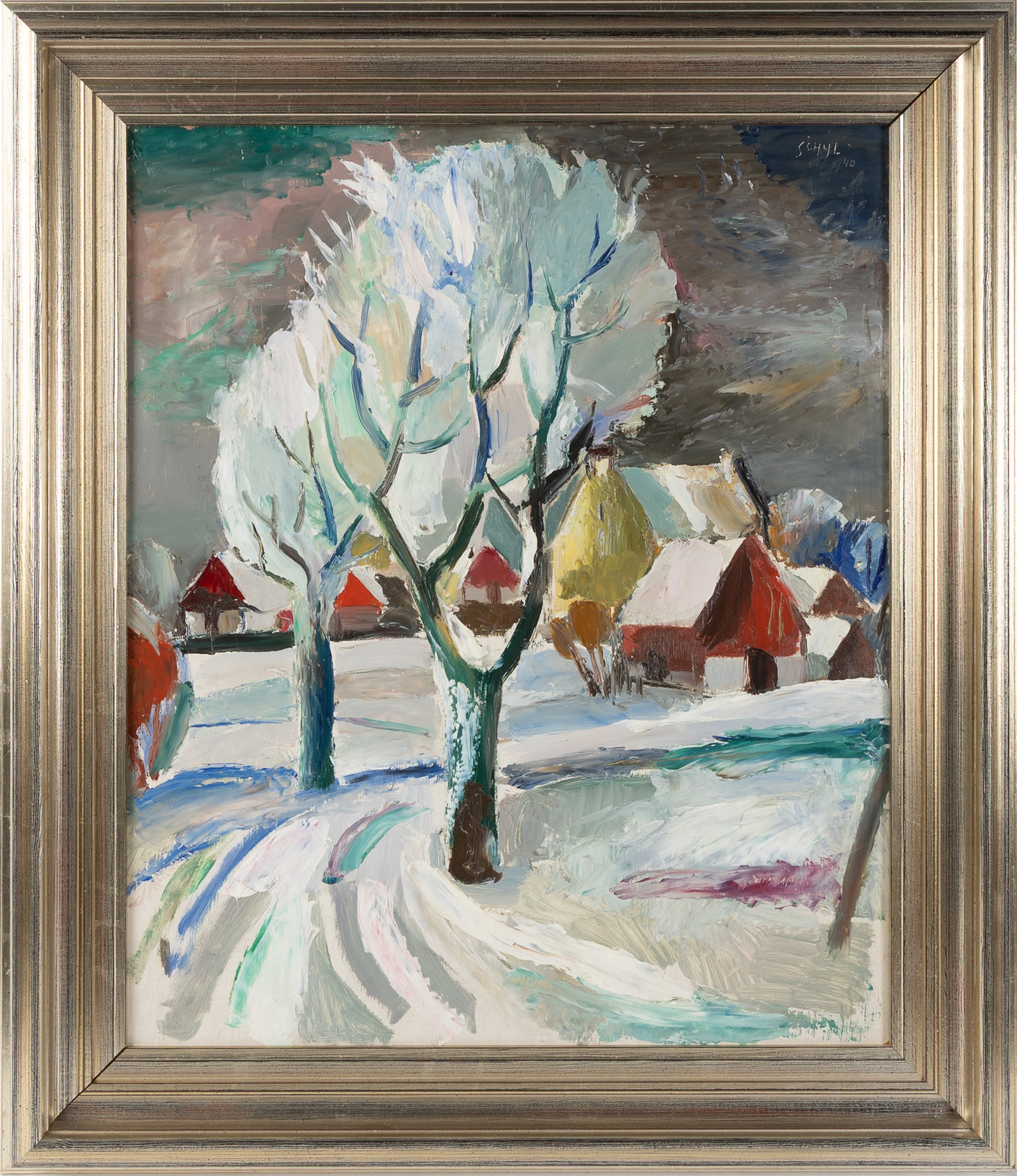 JULES SCHYL. Vinterlandskap, olja på masonit.