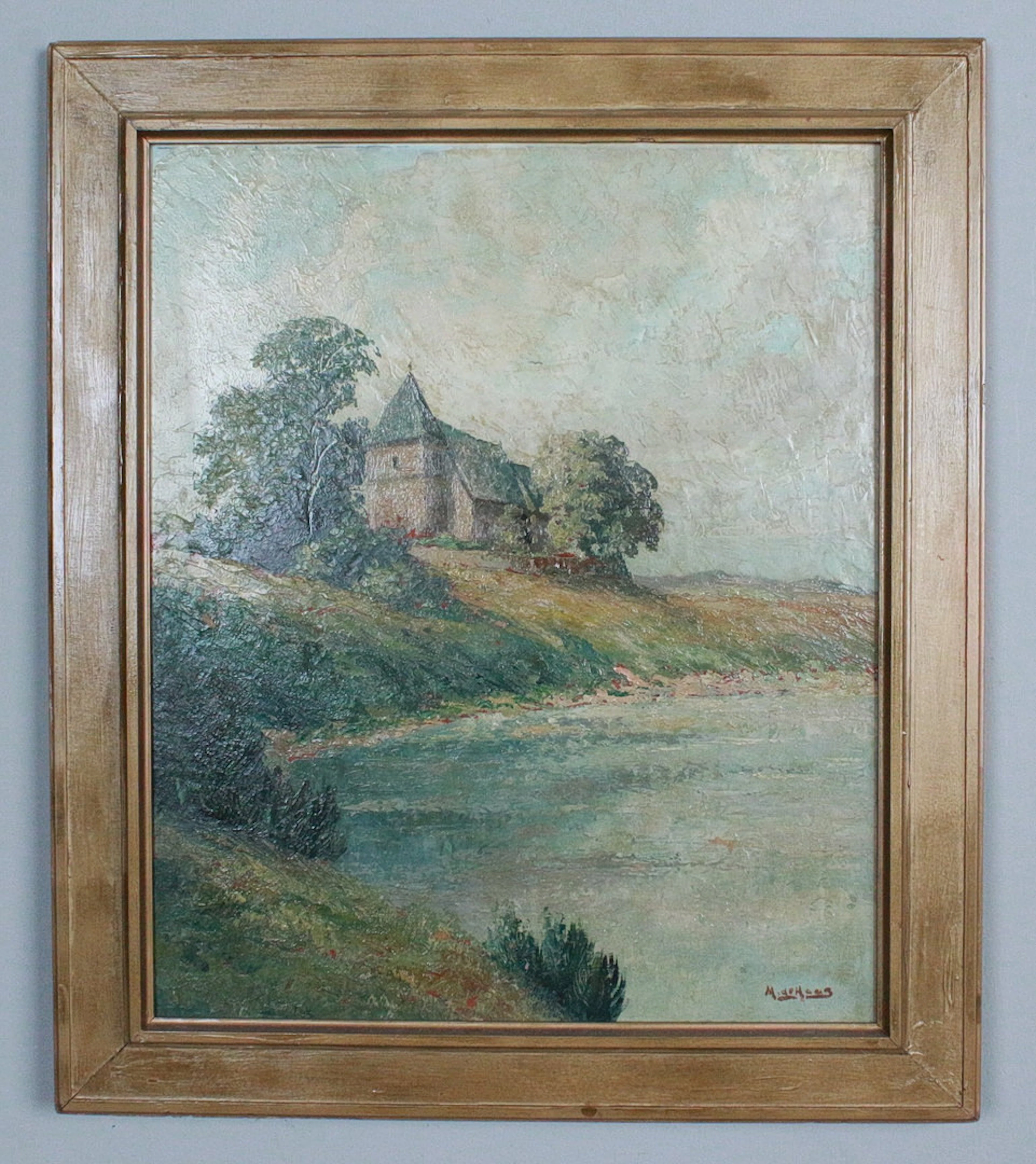 M. DE HAAS. Öl auf Hartfaser, 'Gehöft am Flussufer'.