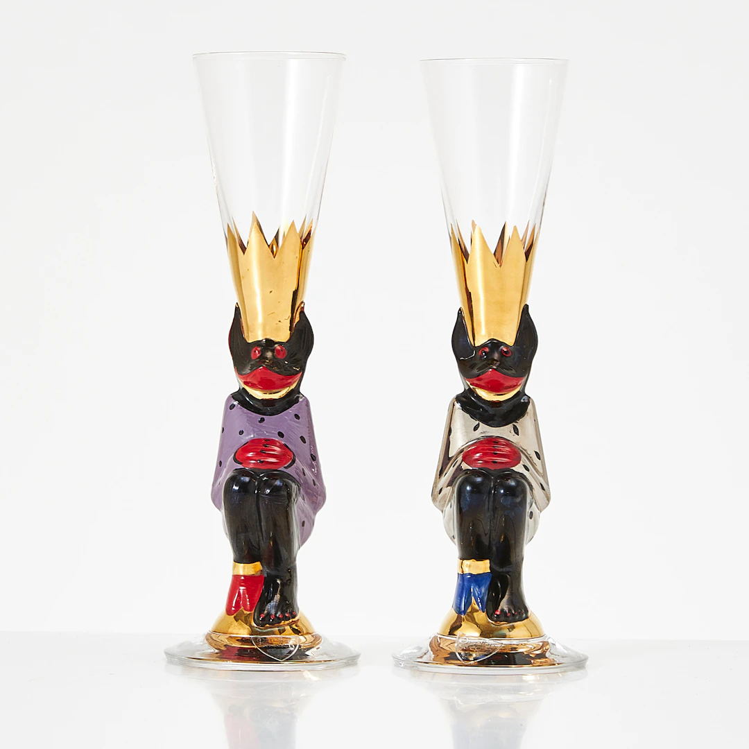 GUNNAR CYRÉN. Snapsglas, 2 st, "Djävulsglas", Orrefors, bemålade samt