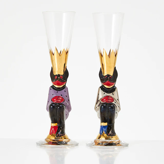 GUNNAR CYRÉN. Snapsglas, 2 st, "Djävulsglas", Orrefors, bemålade samt