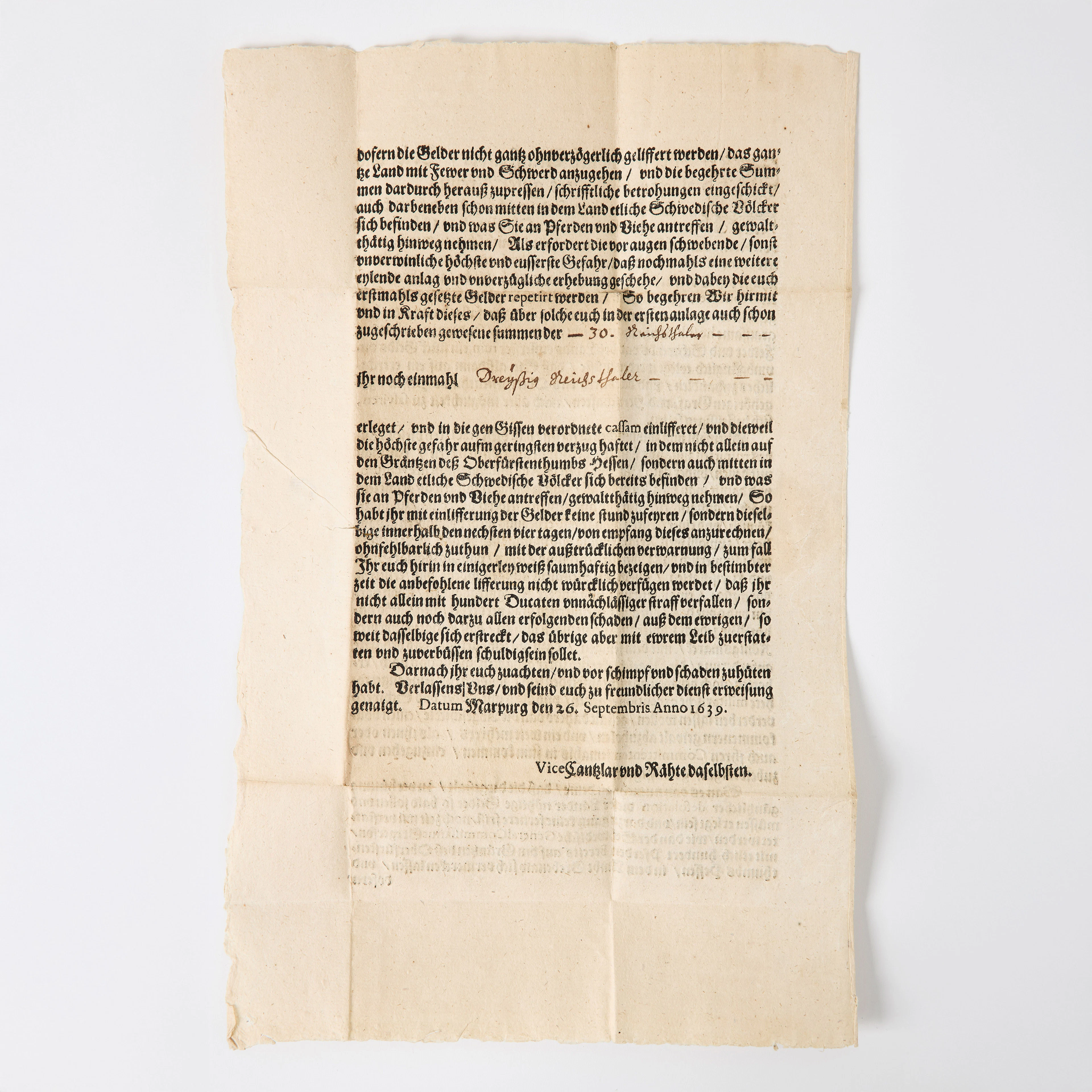 KÖNIGSMARKS BREV OM BRANDSKATTNING AV HESSEN 1639.