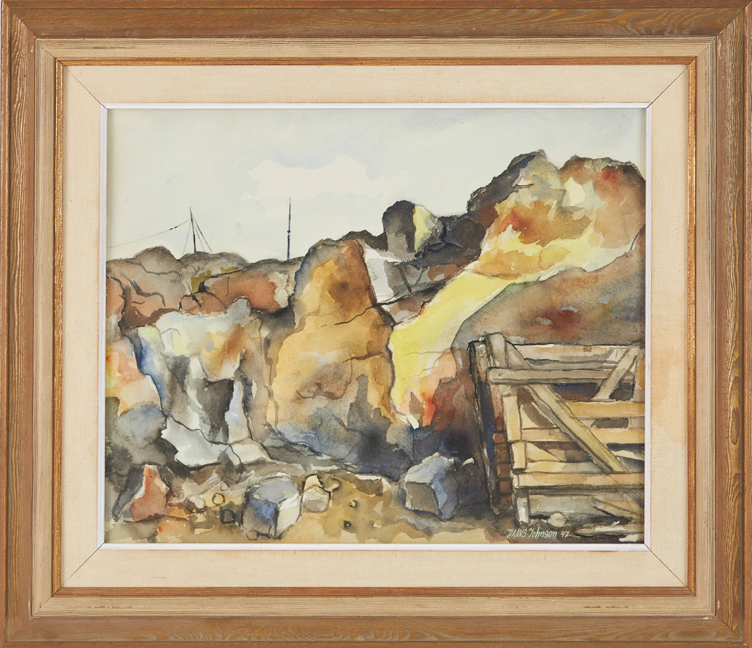 JOHN HAAVS JOHNSON. (Sverige, 1915-1968). Landskap, vid båthamn, signerad