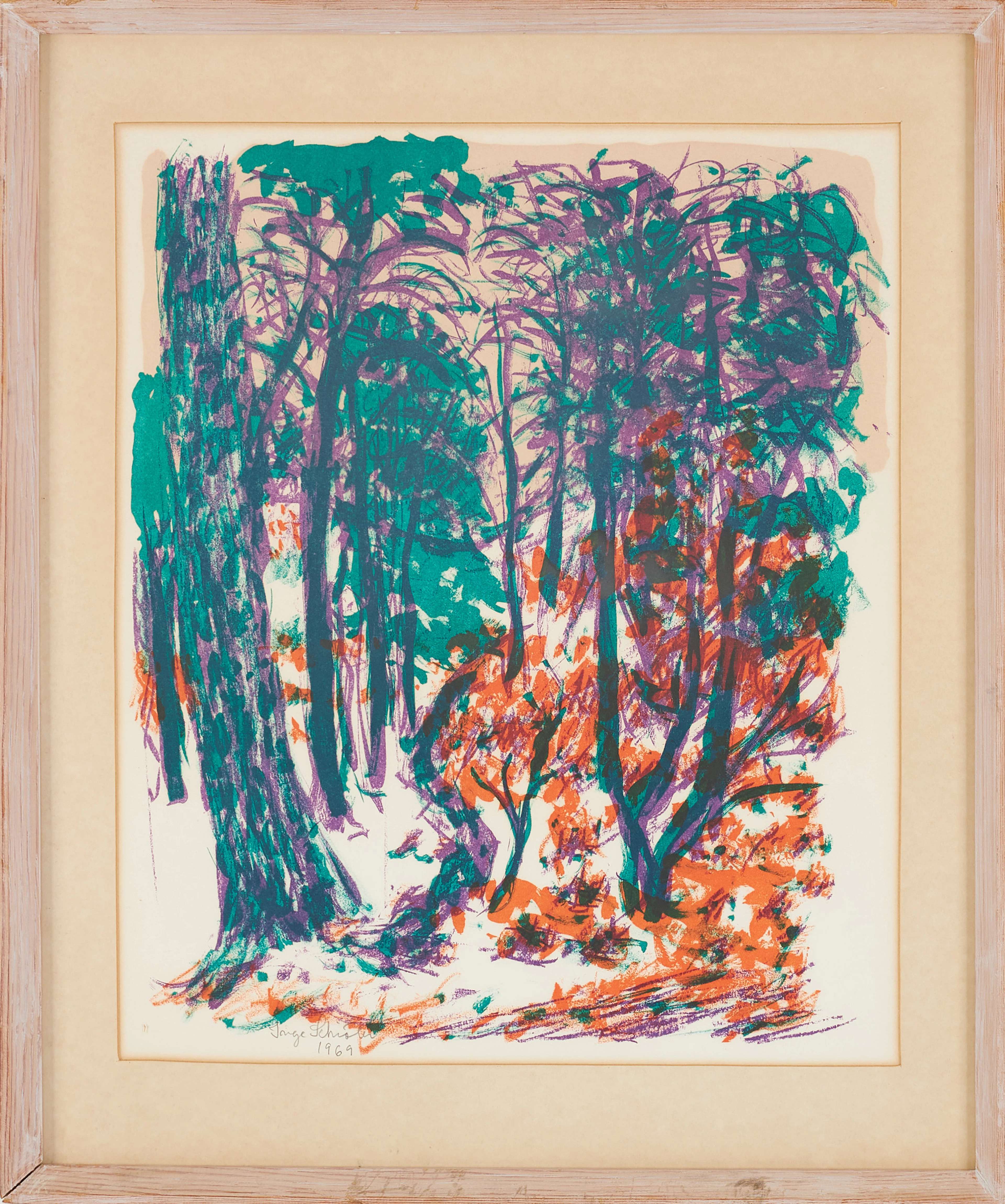 INGE SCHIÖLER. Skogsmotiv, färglitografi, provtryck, daterad 1969.