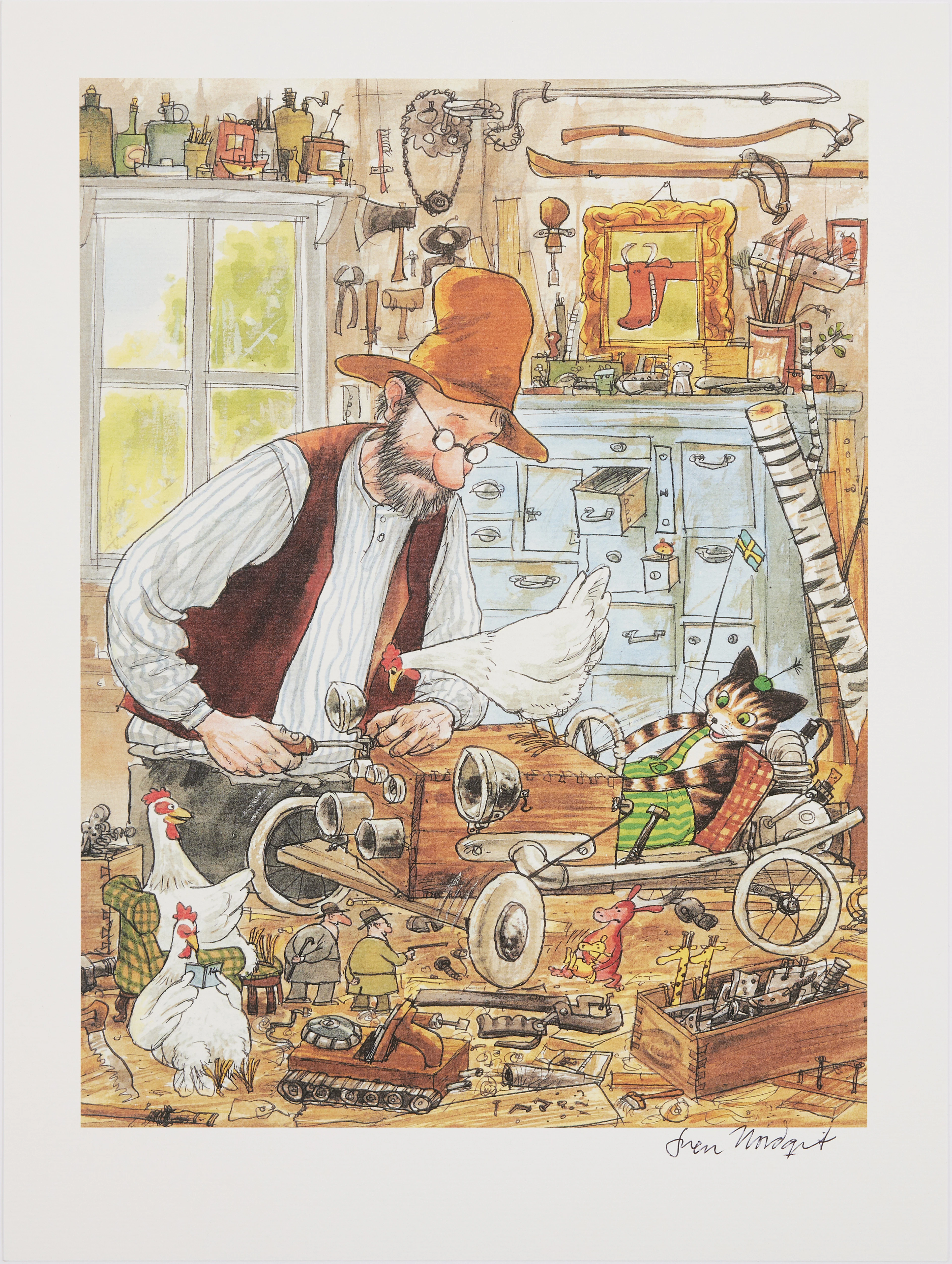 SVEN NORDQVIST. (Född 1946), Pettson och Findus bygger en bil, signerad