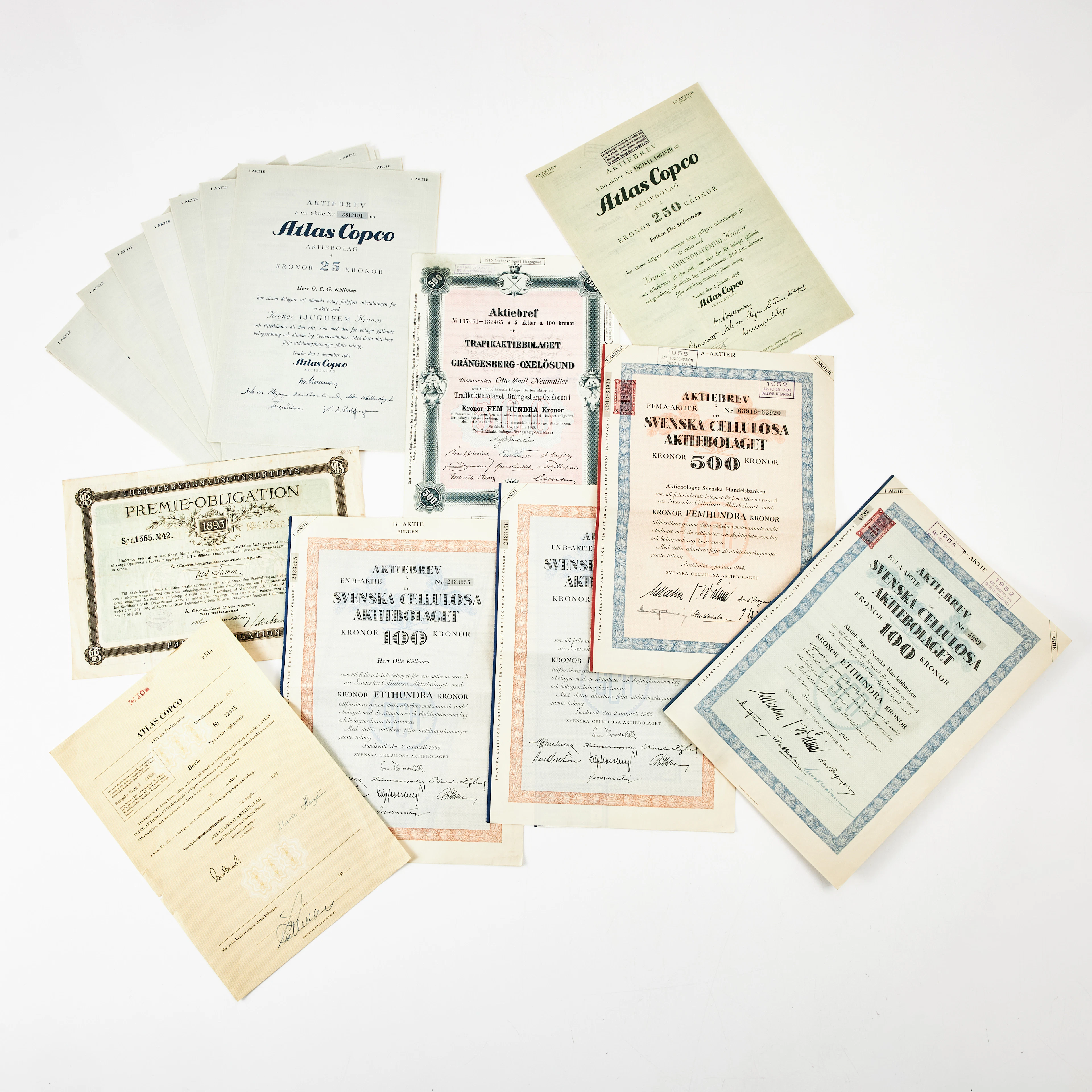 AKTIEBREV, Atlas Copco, 25 kr, 10, st., samt ett a 250 kr, 1950-1970-tal