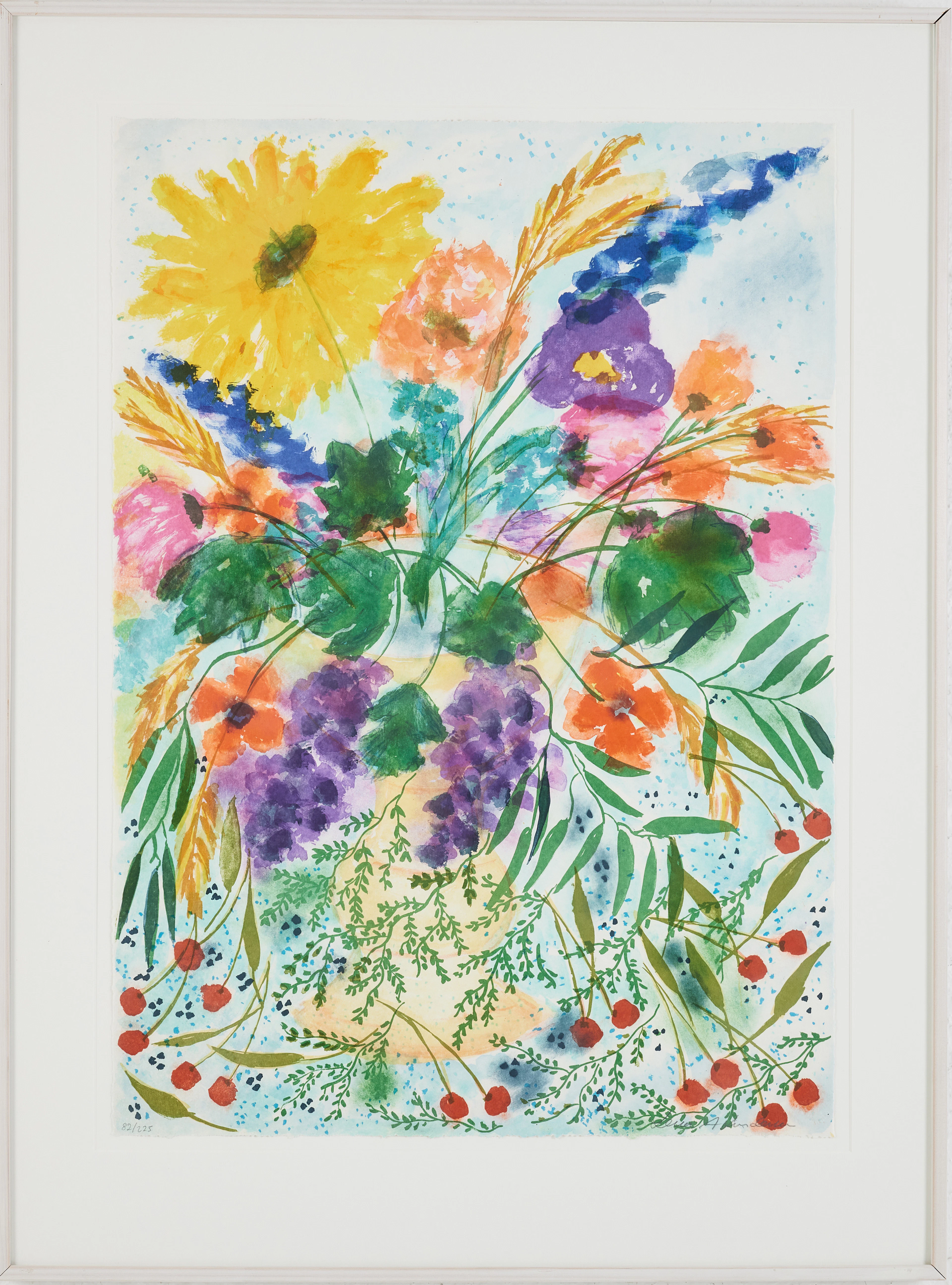 LENA LINDERHOLM. Blomsterstilleben, färglitografi.