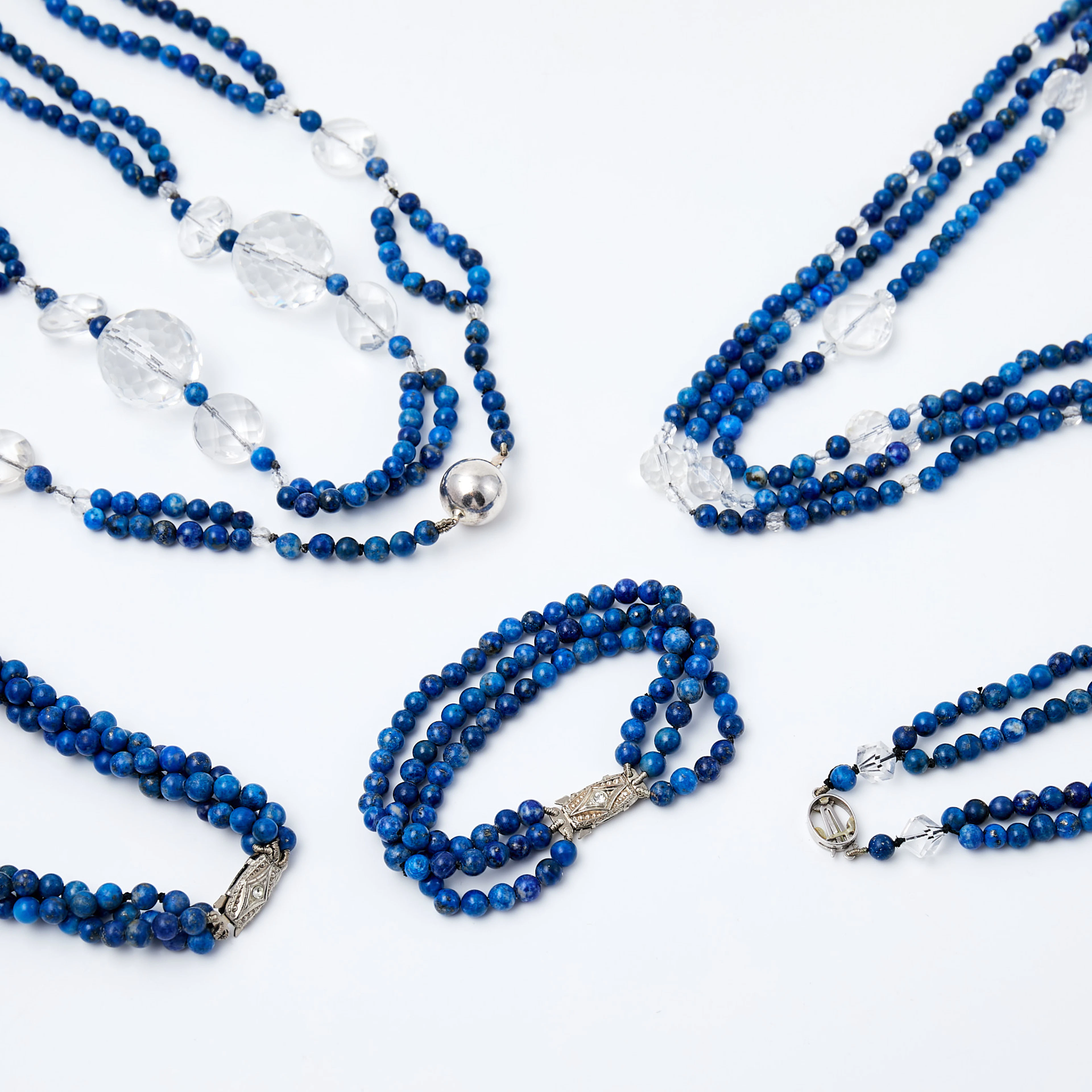 HALSBAND, 4 st, ARMBAND, kulslipad sodalit, fasettslipad bergkristall