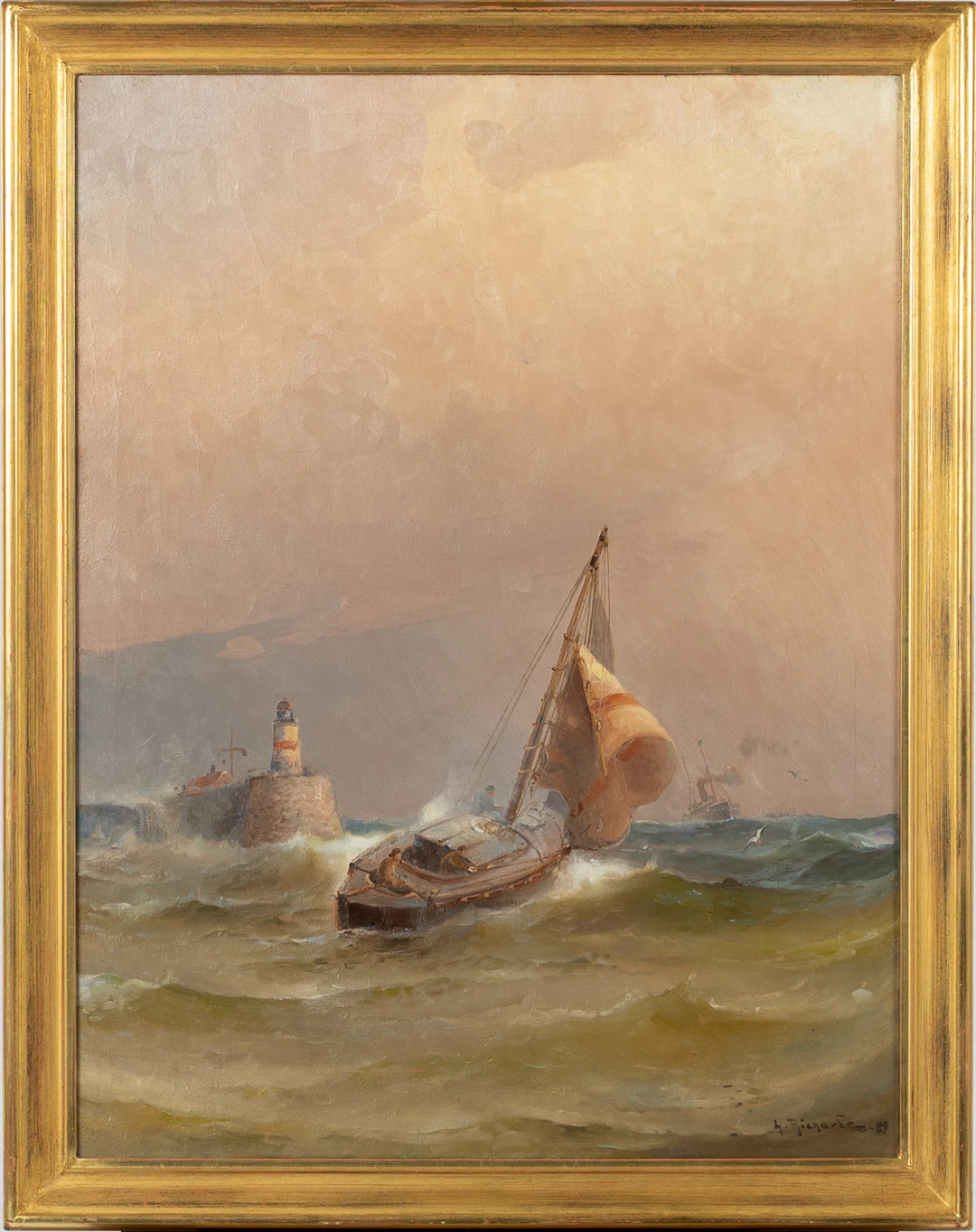 LUDVIG RICHARDE. Olja på duk, Båt lämnar hamn, signerad L Richarde