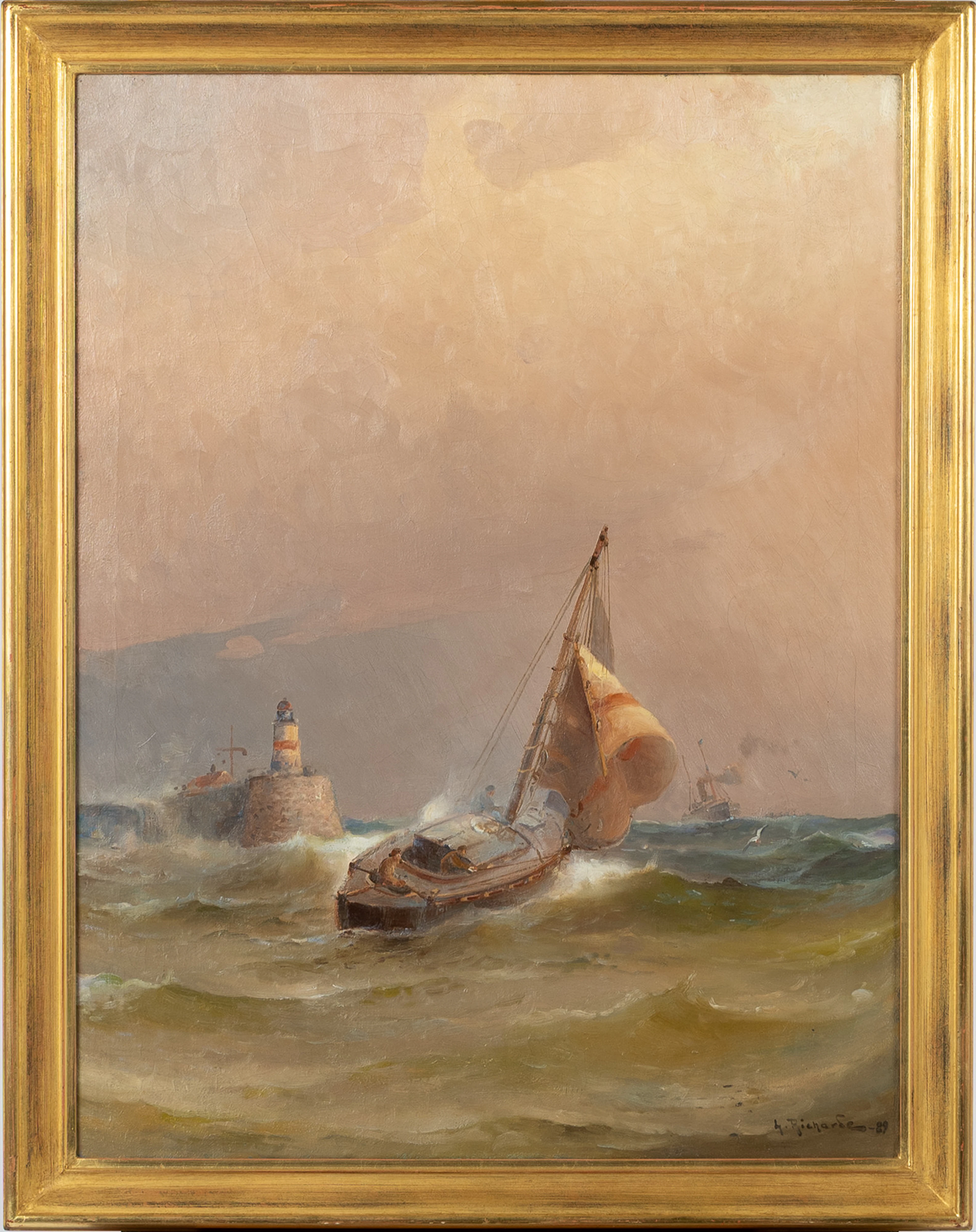 LUDVIG RICHARDE. Olja på duk, Båt lämnar hamn, signerad L Richarde