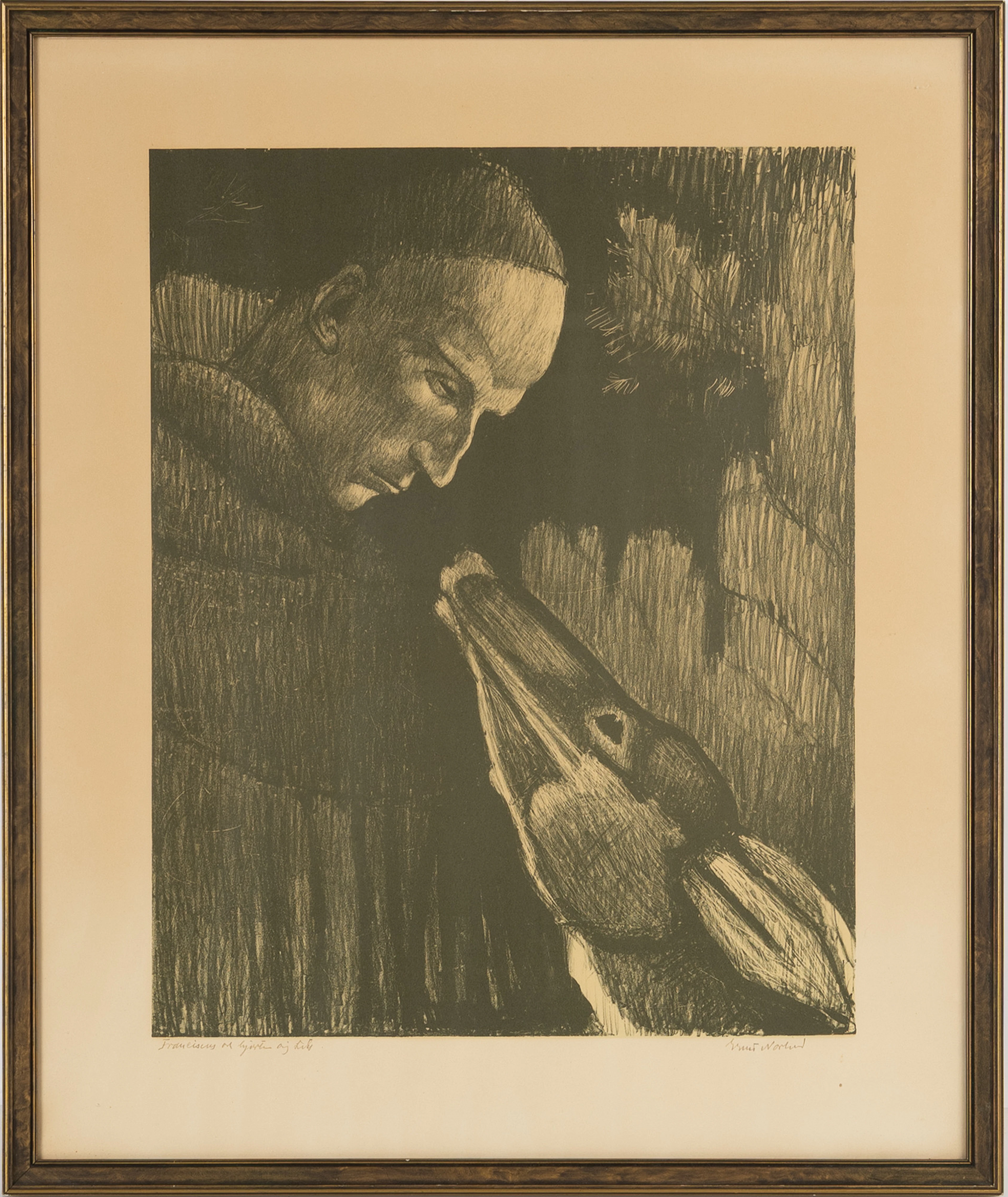 ERNST NORLIND. Litografi, "Fransiscus och hjorten".