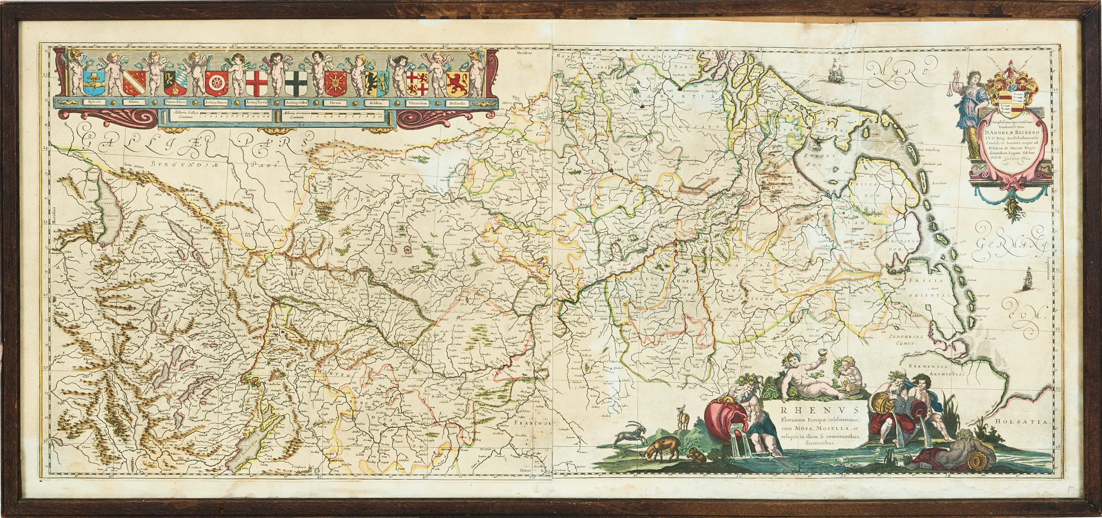 STOR DEKORATIV KARTA ÖVER FLODEN RHEN AV BLAEU, ca 1640.