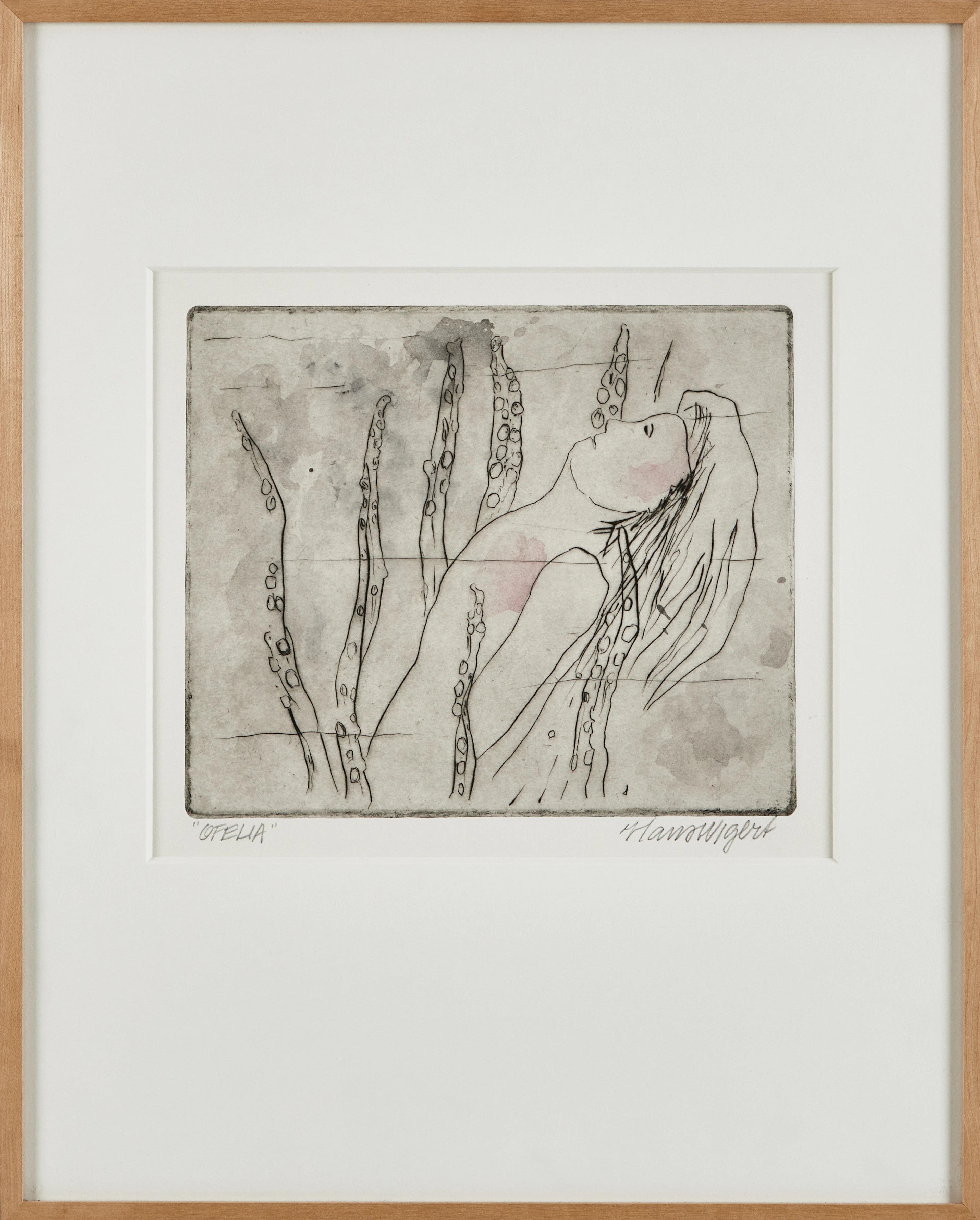 HANS WIGERT. "Ofelia", akvarellerad torrnålsgravyr, signerad.