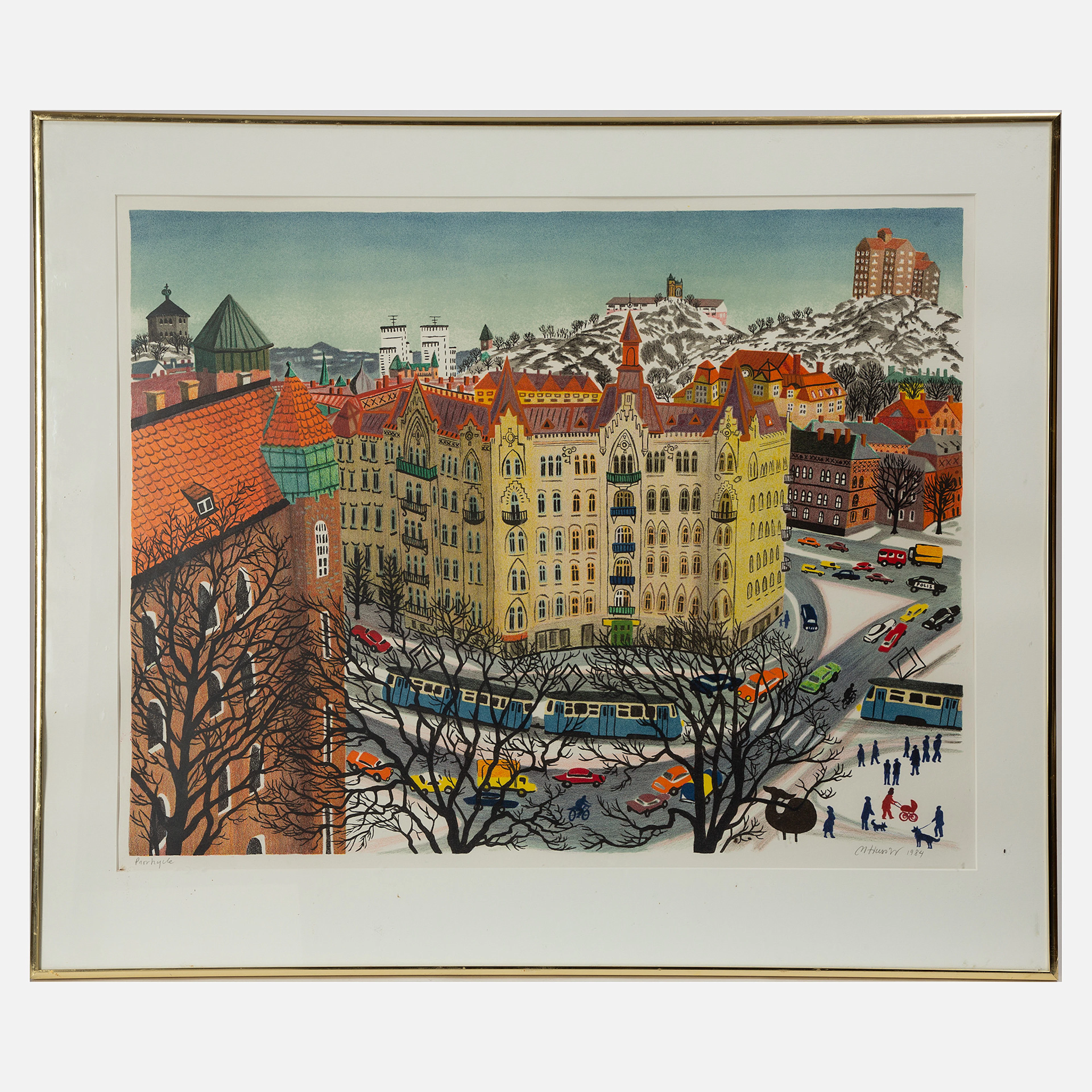 MONA HUSS WALIN. "Linnéplatsen", färglitografi, signerad och daterad 1984.