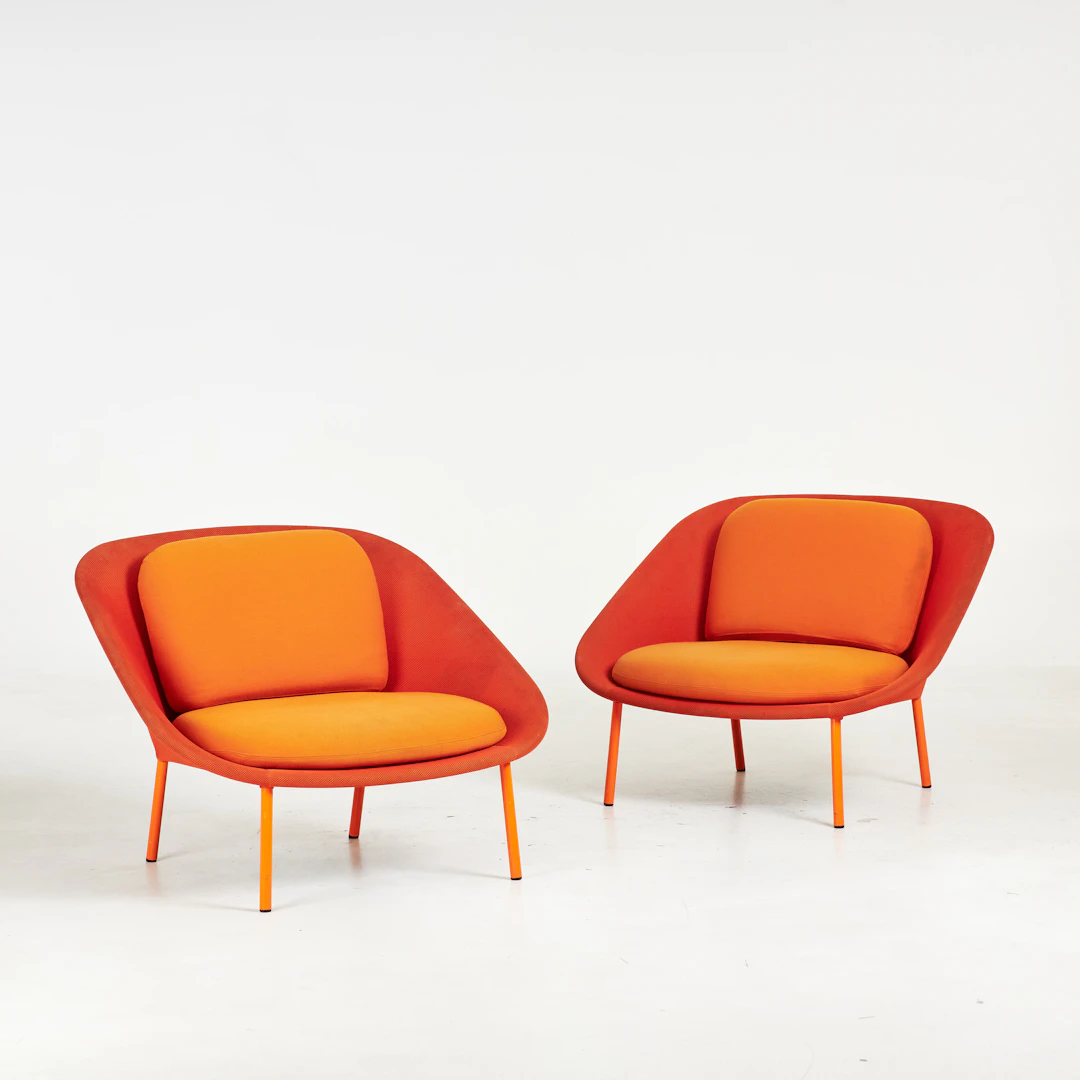 CATE & NELSON, fåtöljer, 1 par, stålstomme, orange nätklädsen, "Netframe"