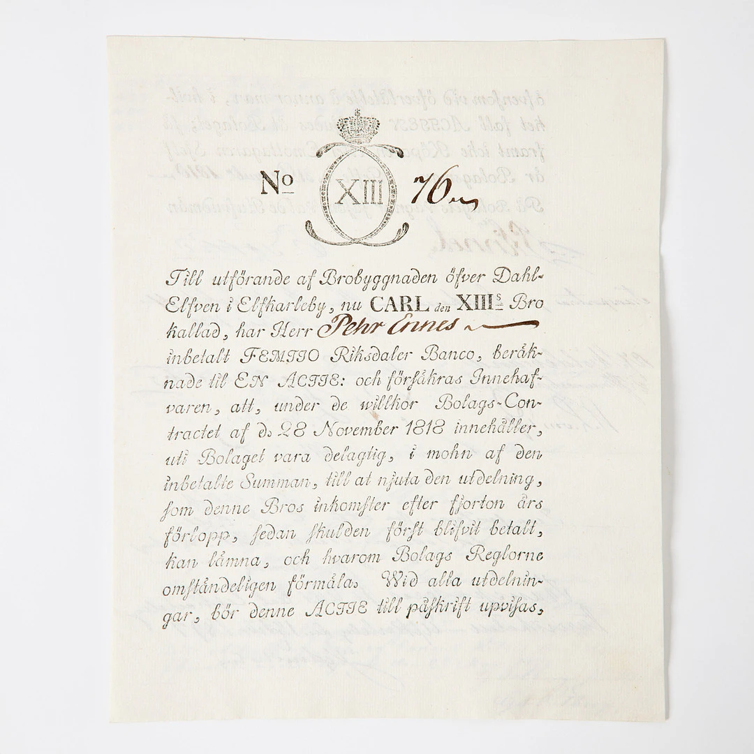 SÄLLSYNT AKTIEBREV - KARL XIII:S BROBOLAG, 1818, KARL XIII:S BRO ÄLVKARLEBY.