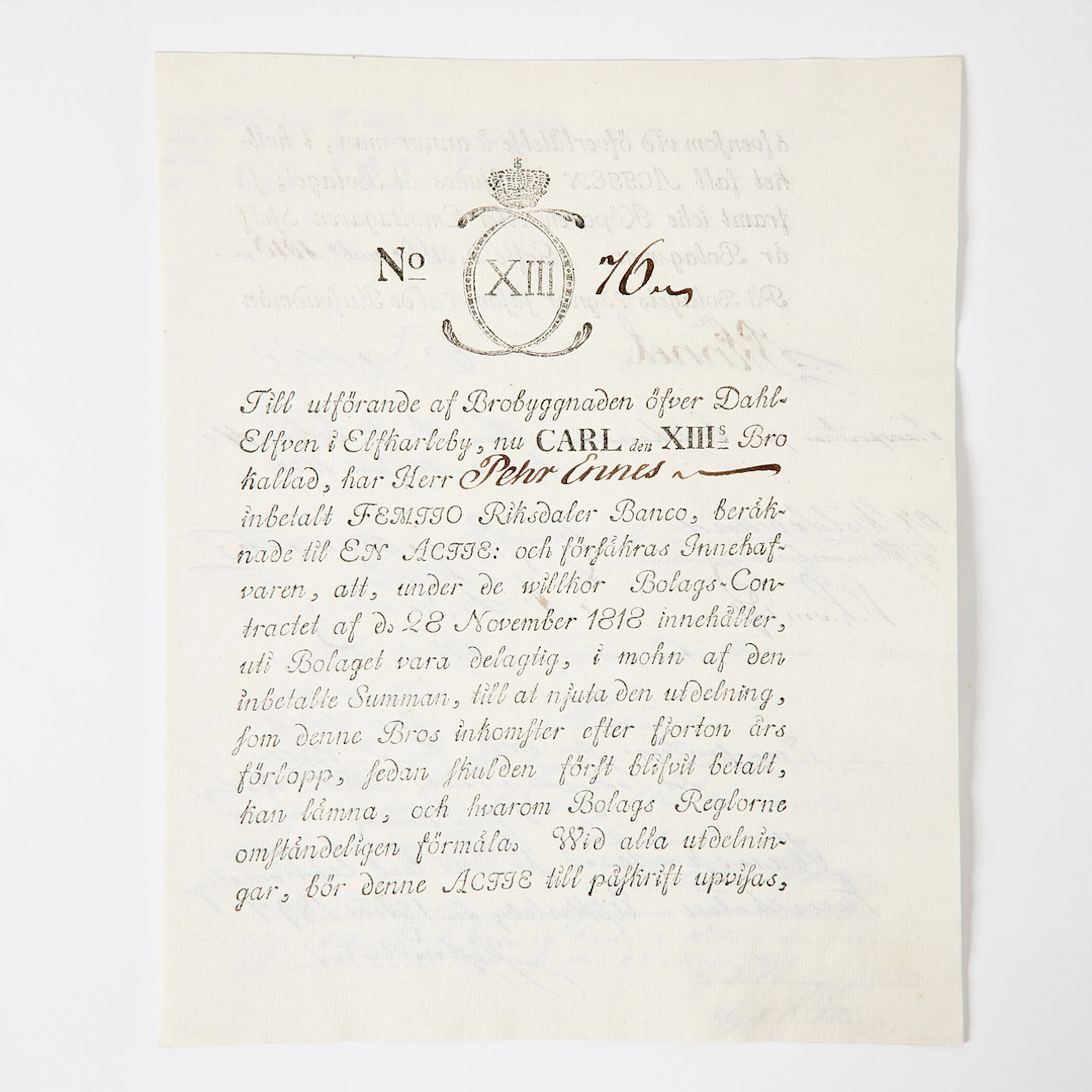 SÄLLSYNT AKTIEBREV - KARL XIII:S BROBOLAG, 1818, KARL XIII:S BRO ÄLVKARLEBY.