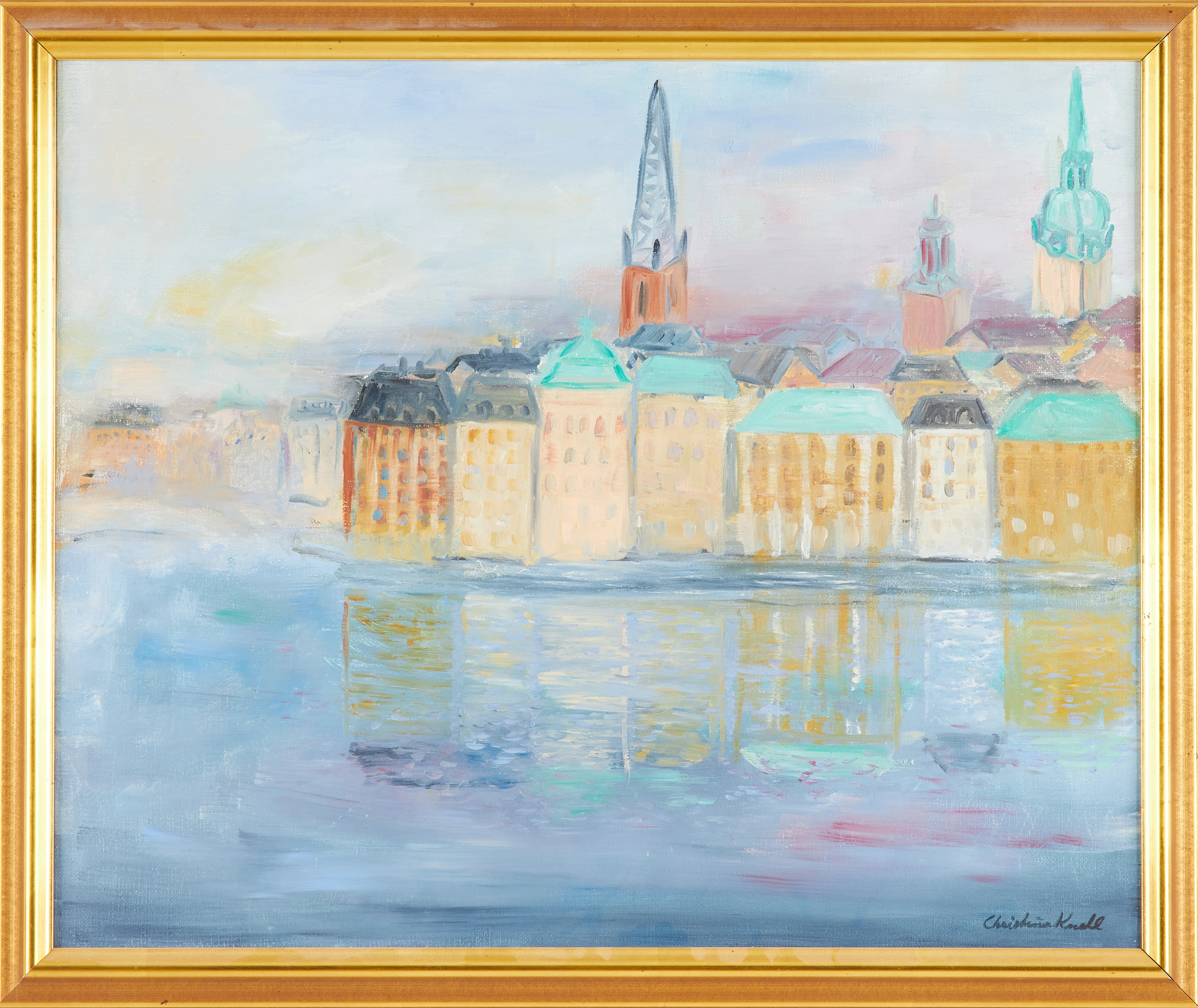 CHRISTINA KNALL. Stockholmsmotiv, utsikt mot Riddarholmen, olja på