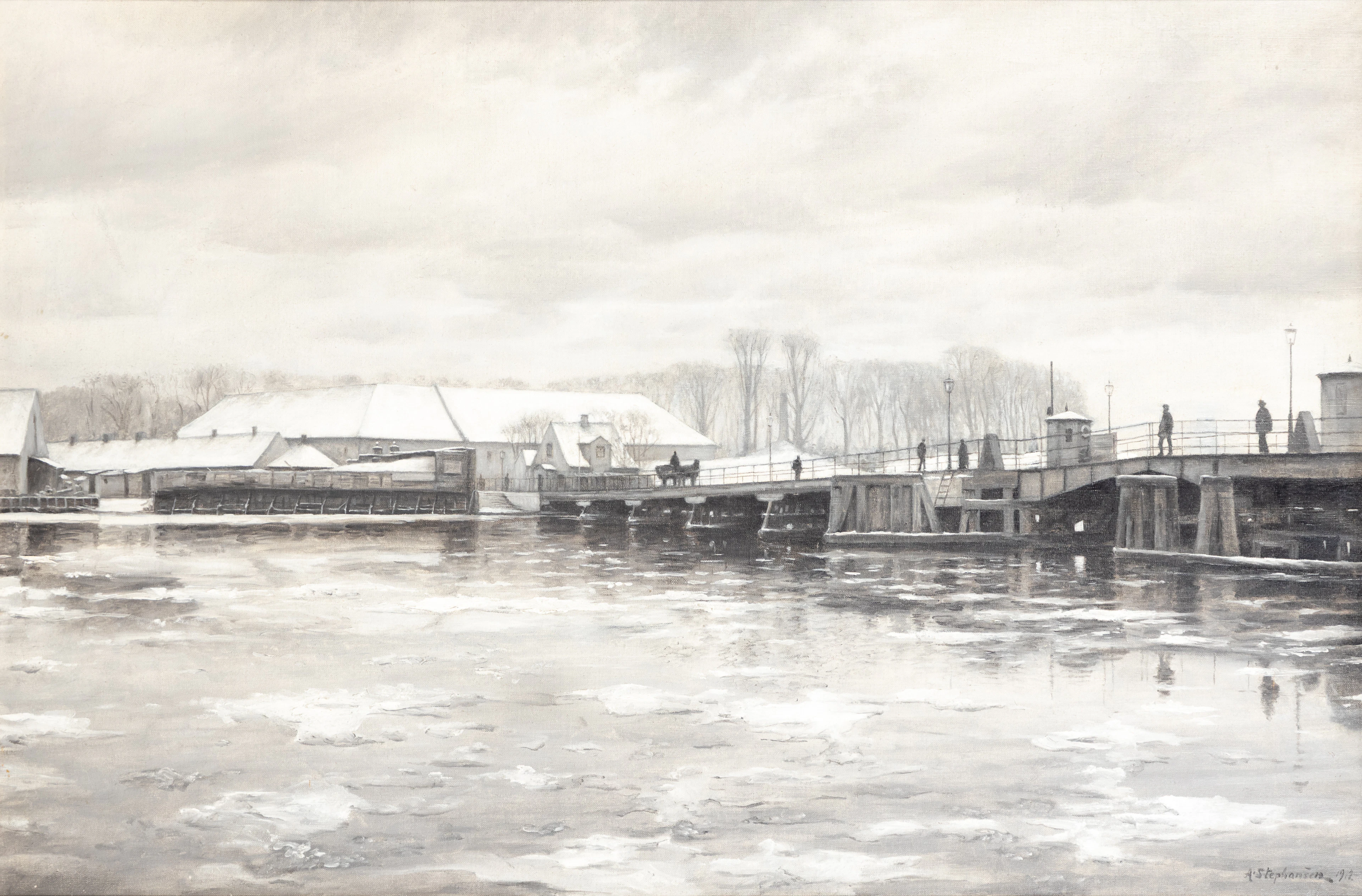 AXEL STEPHANSEN (1879-1949). Winterliche Flußlandschaft mit Brücke.