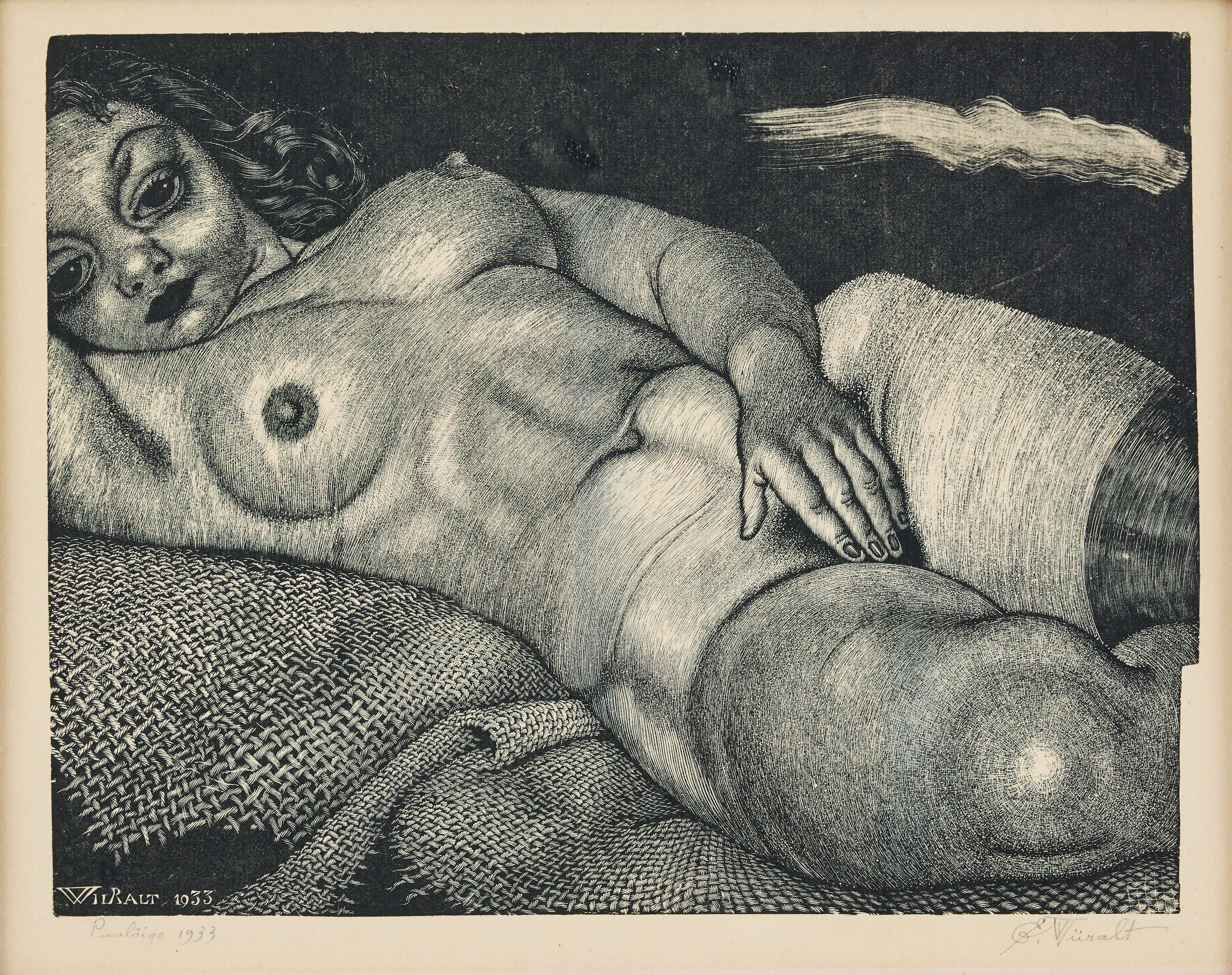 EDUARD WIIRALT. "Lamav akt kanepiriidel" (Reclining Nude on Hemp Canvas).