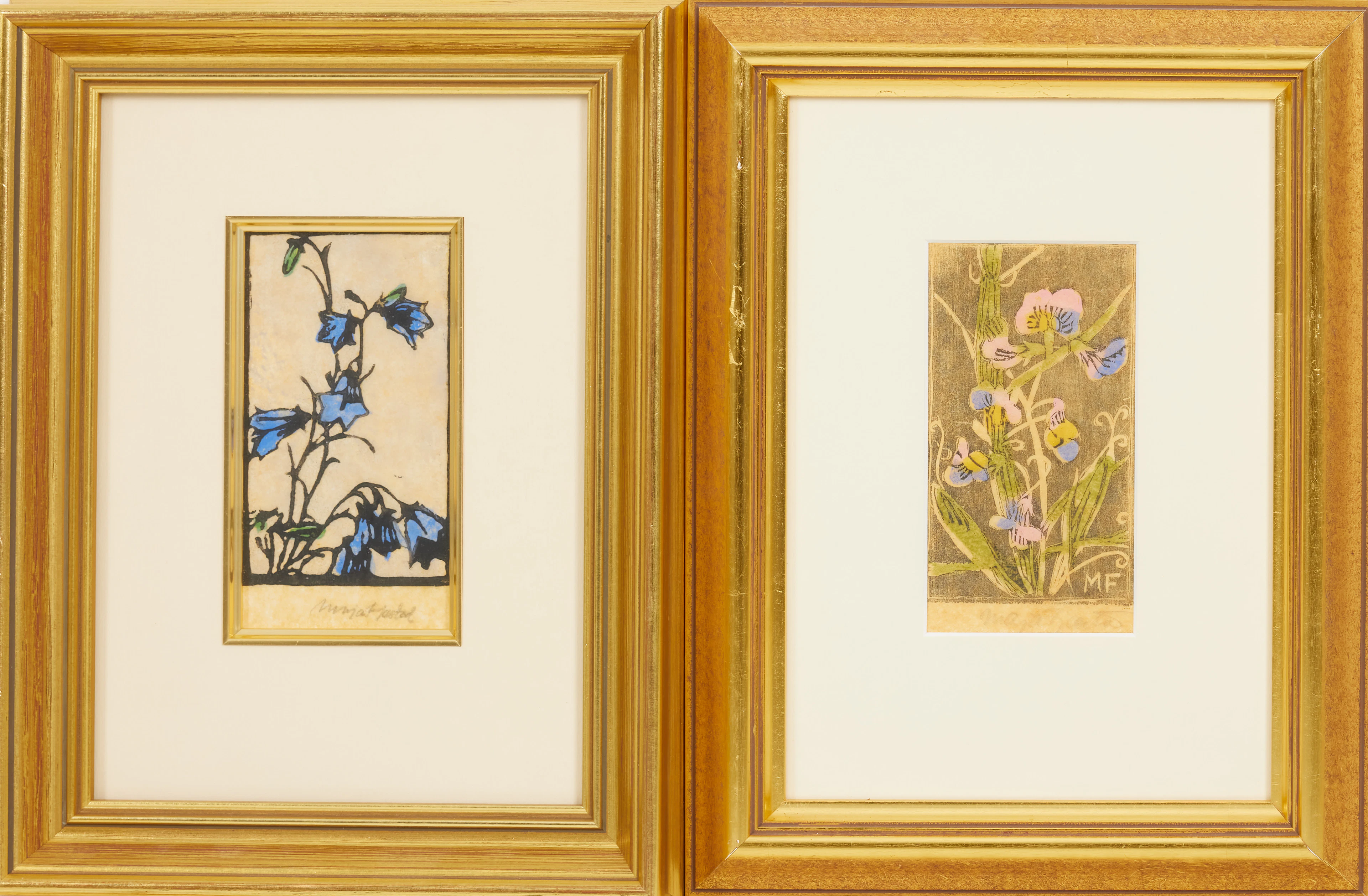 MAJA FJAESTAD. Blomstermotiv, 2 st, signerade i blyerts, en med monogramsignatur