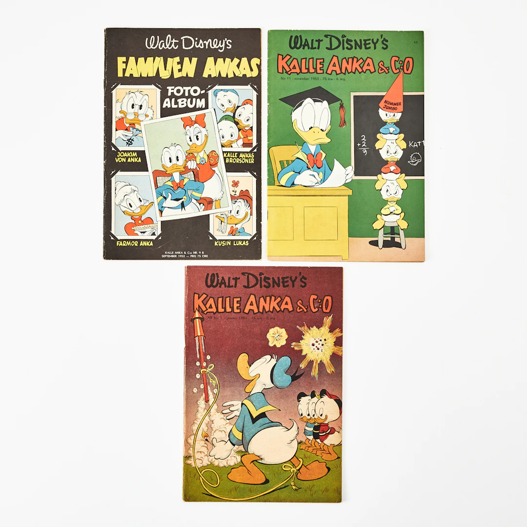 KALLE ANKA & C:O, tidningar, 3 st., från nummer 9B från 1952 och mummer
